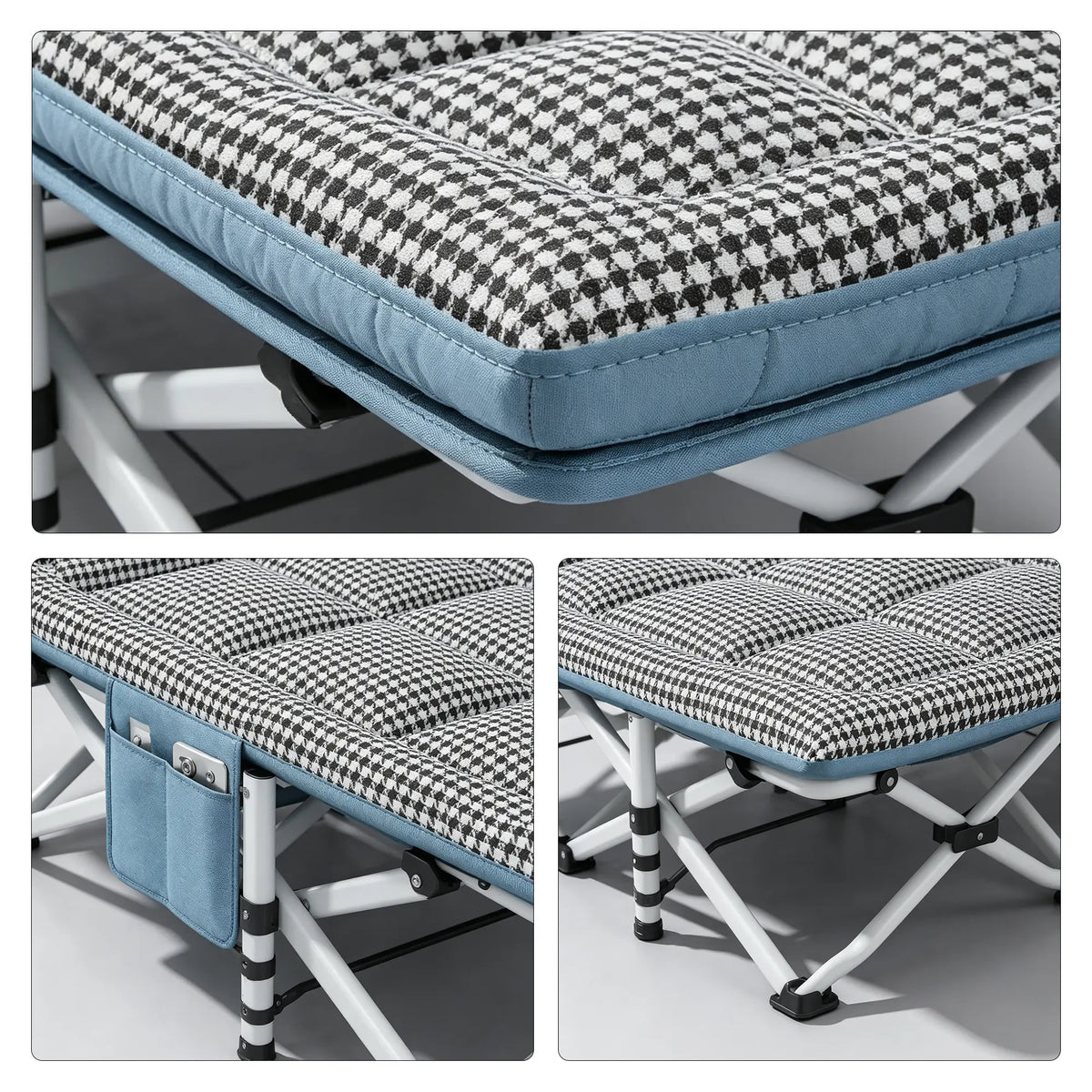 LIVARA Folding Single Bed Extra Wide Houndstooth Design with Thick Steel Tube Frame & Built-in Headrest - Rollaway Bed for Home & Office - Black & White