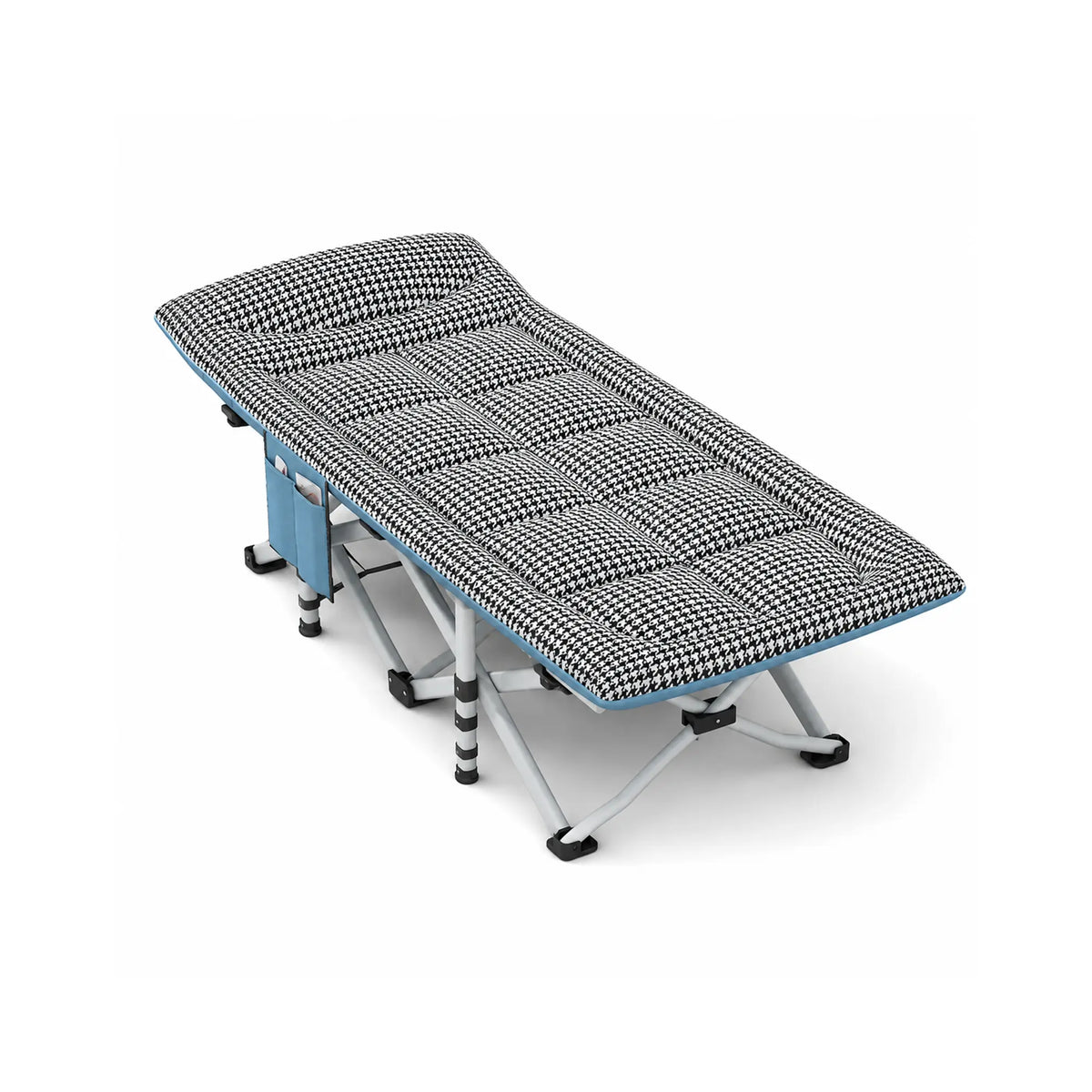 LIVARA Folding Single Bed Extra Wide Houndstooth Design with Thick Steel Tube Frame & Built-in Headrest - Rollaway Bed for Home & Office - Black & White