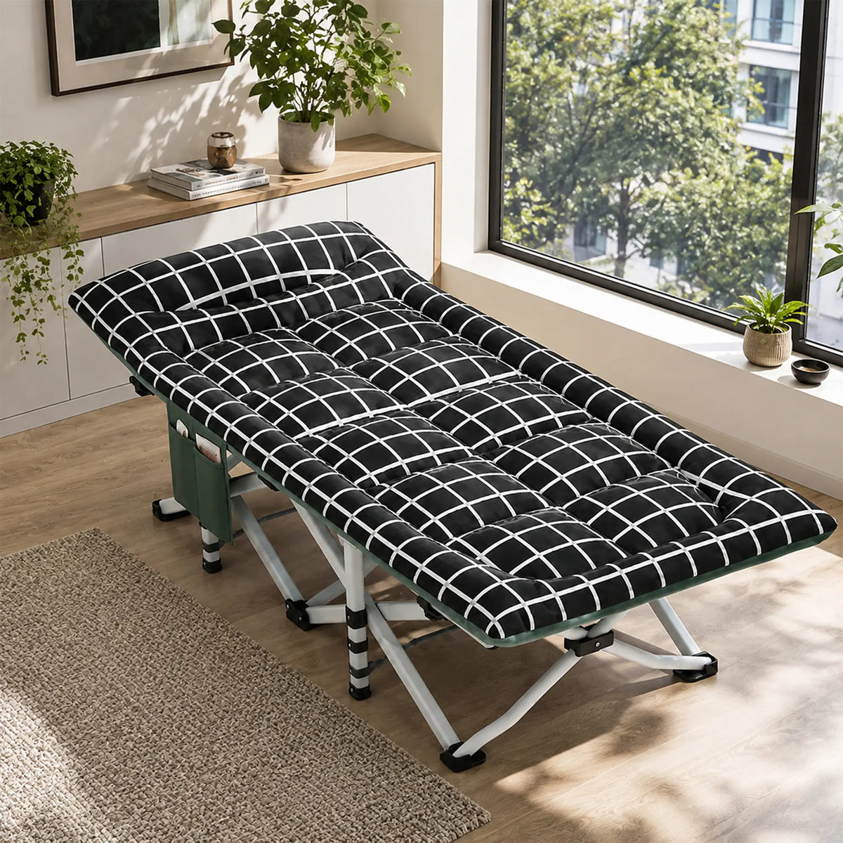 LIVARA Folding Single Bed - Soft Fabric Cover with Thick Steel Tube Frame & Built-in Headrest - Rollaway Bed for Home & Office - Black & White