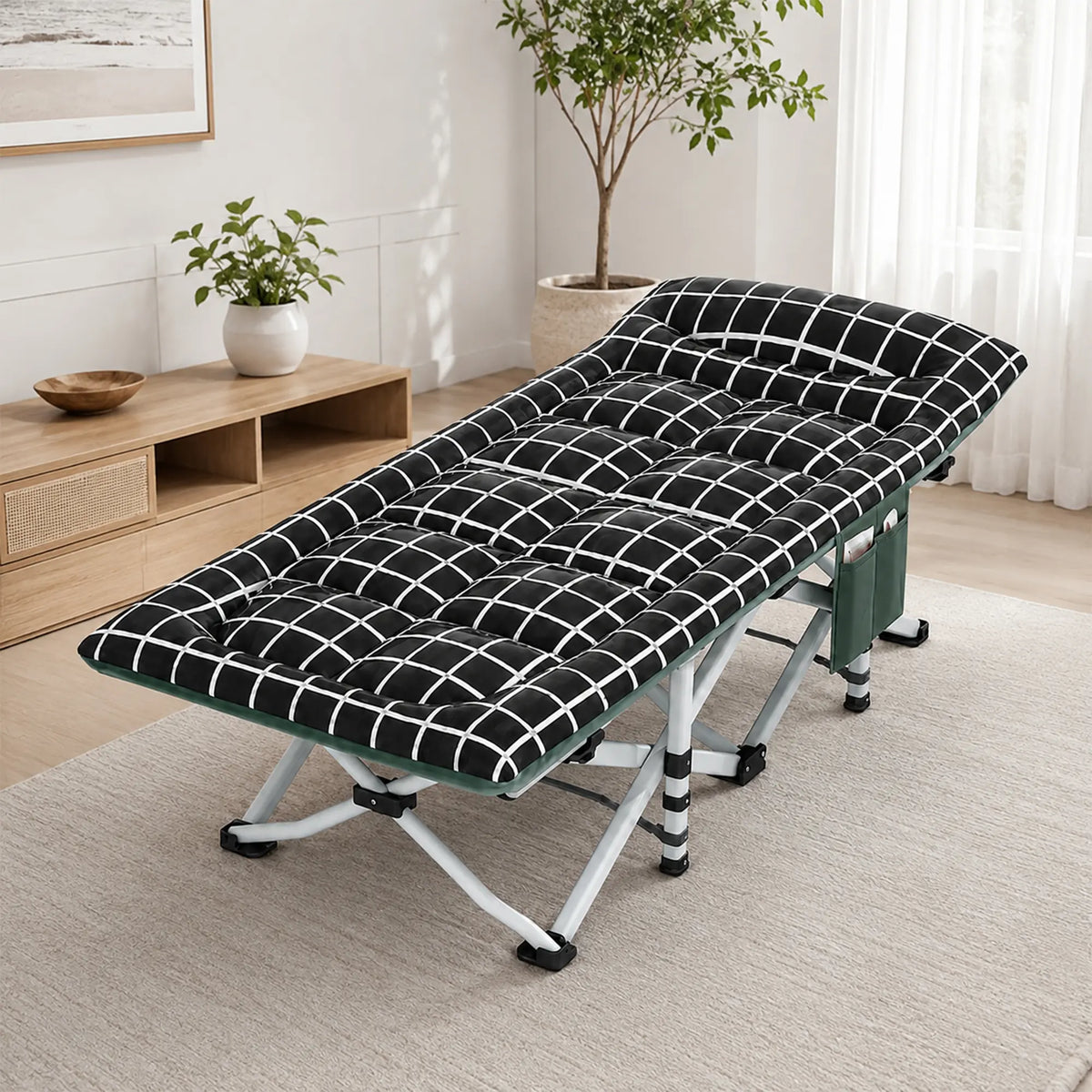 LIVARA Folding Single Bed - Soft Fabric Cover with Thick Steel Tube Frame & Built-in Headrest - Rollaway Bed for Home & Office - Black & White