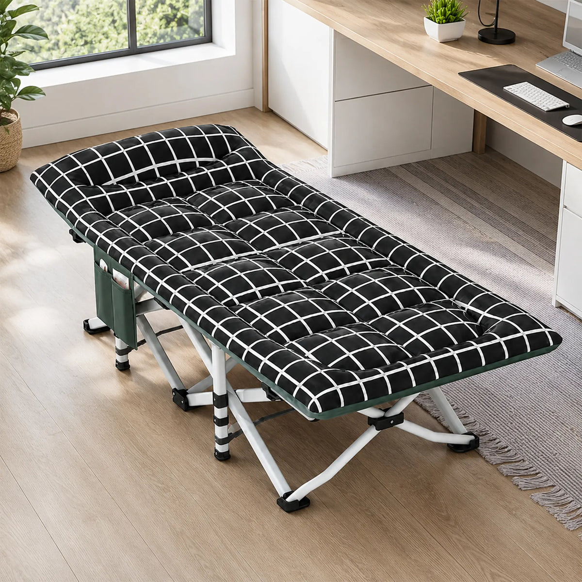 LIVARA Folding Single Bed - Soft Fabric Cover with Thick Steel Tube Frame & Built-in Headrest - Rollaway Bed for Home & Office - Black & White