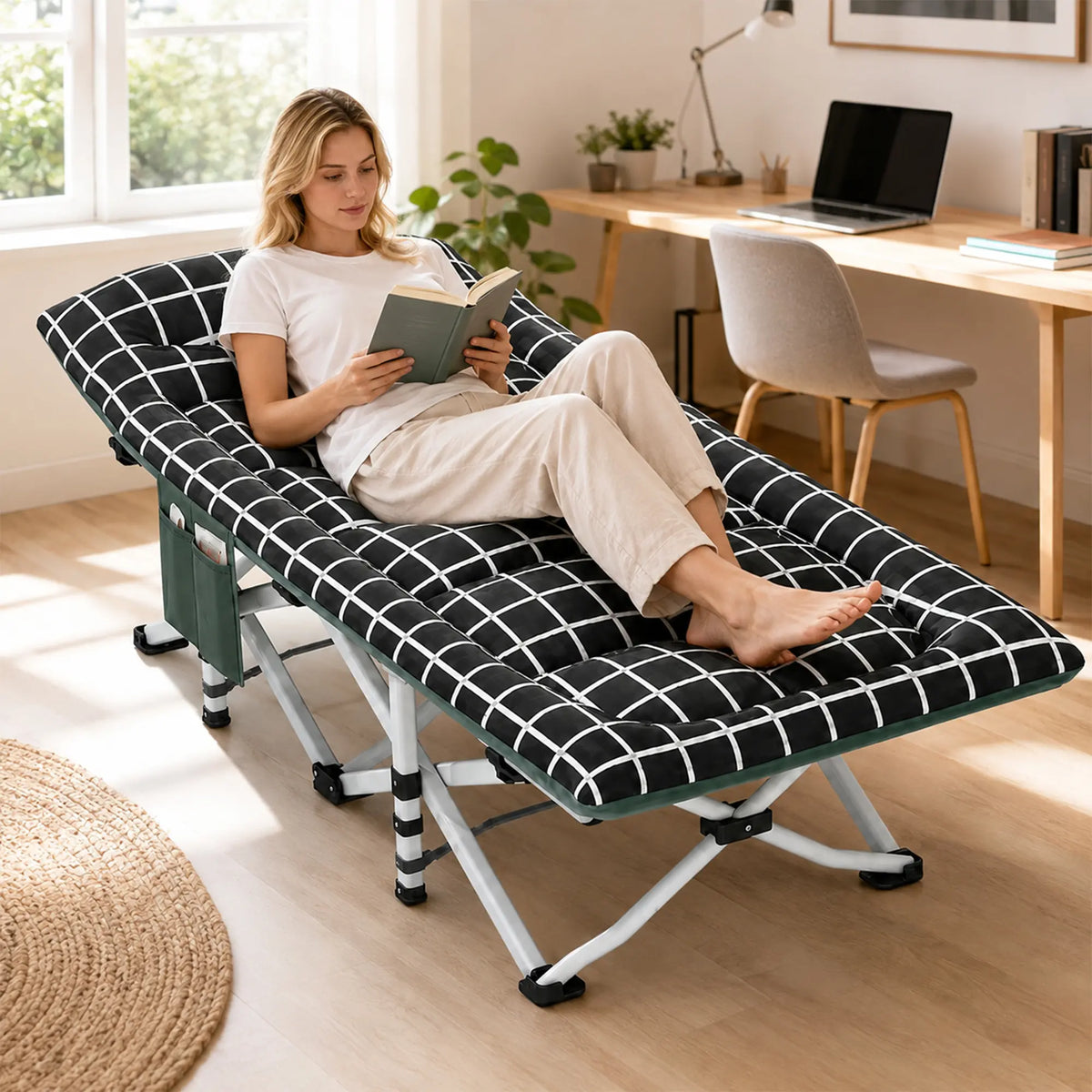 LIVARA Folding Single Bed - Soft Fabric Cover with Thick Steel Tube Frame & Built-in Headrest - Rollaway Bed for Home & Office - Black & White