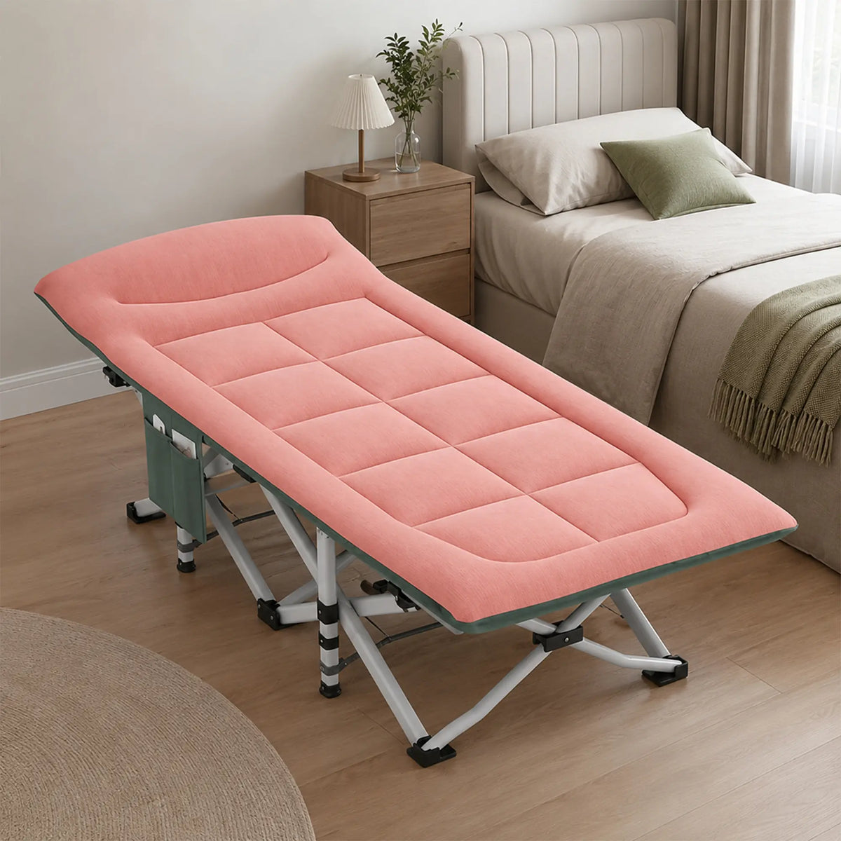 LIVARA Folding Single Bed - Soft Fabric Cover with Thick Steel Tube Frame & Built-in Headrest - Rollaway Bed for Home & Office - Pink