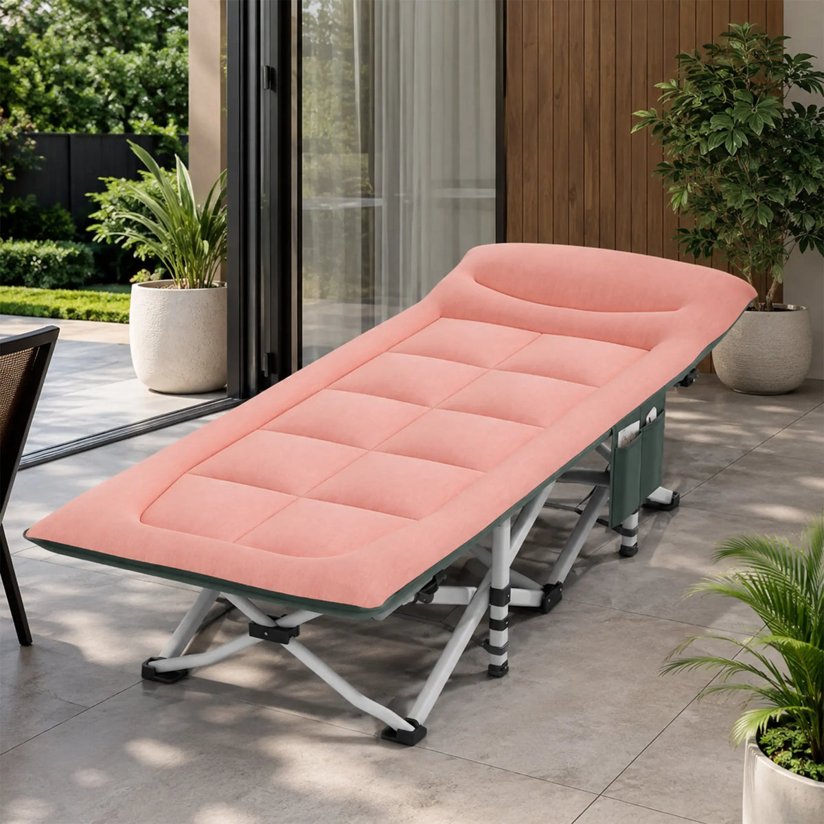 LIVARA Folding Single Bed - Soft Fabric Cover with Thick Steel Tube Frame & Built-in Headrest - Rollaway Bed for Home & Office - Pink