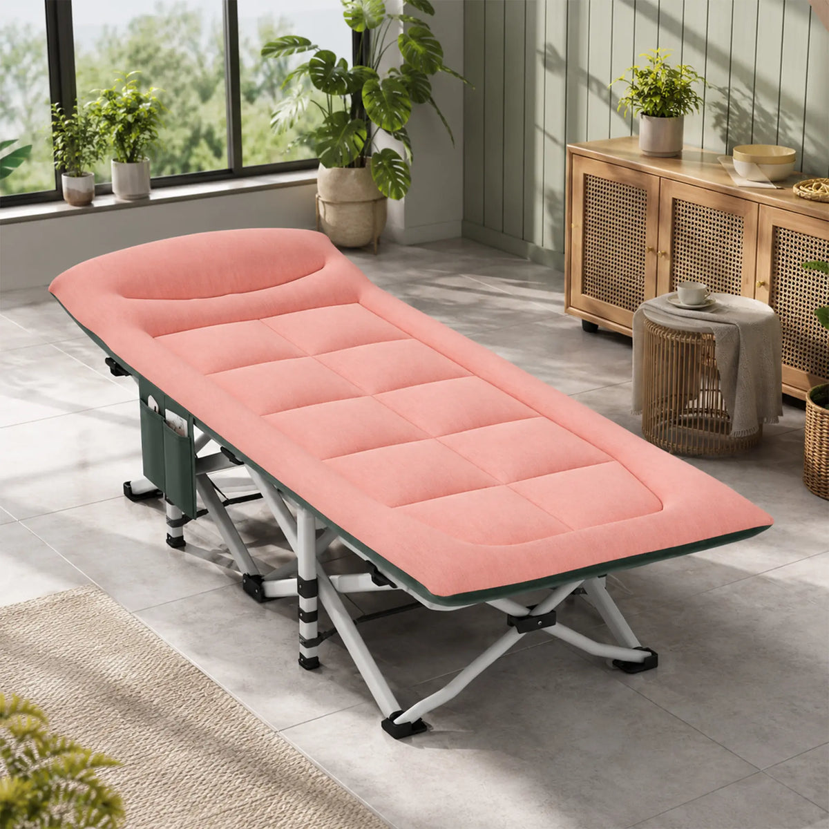 LIVARA Folding Single Bed - Soft Fabric Cover with Thick Steel Tube Frame & Built-in Headrest - Rollaway Bed for Home & Office - Pink