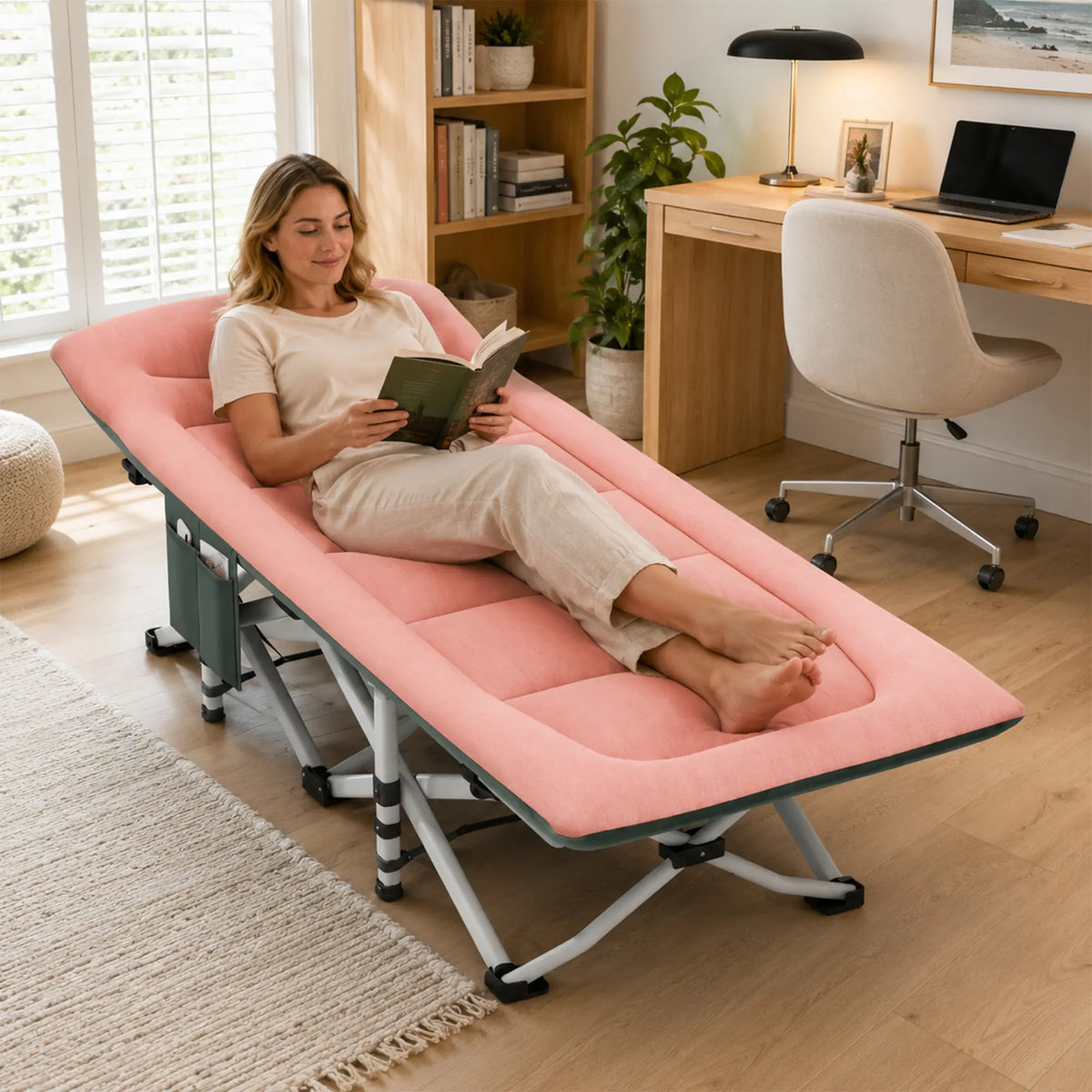 LIVARA Folding Single Bed - Soft Fabric Cover with Thick Steel Tube Frame & Built-in Headrest - Rollaway Bed for Home & Office - Pink