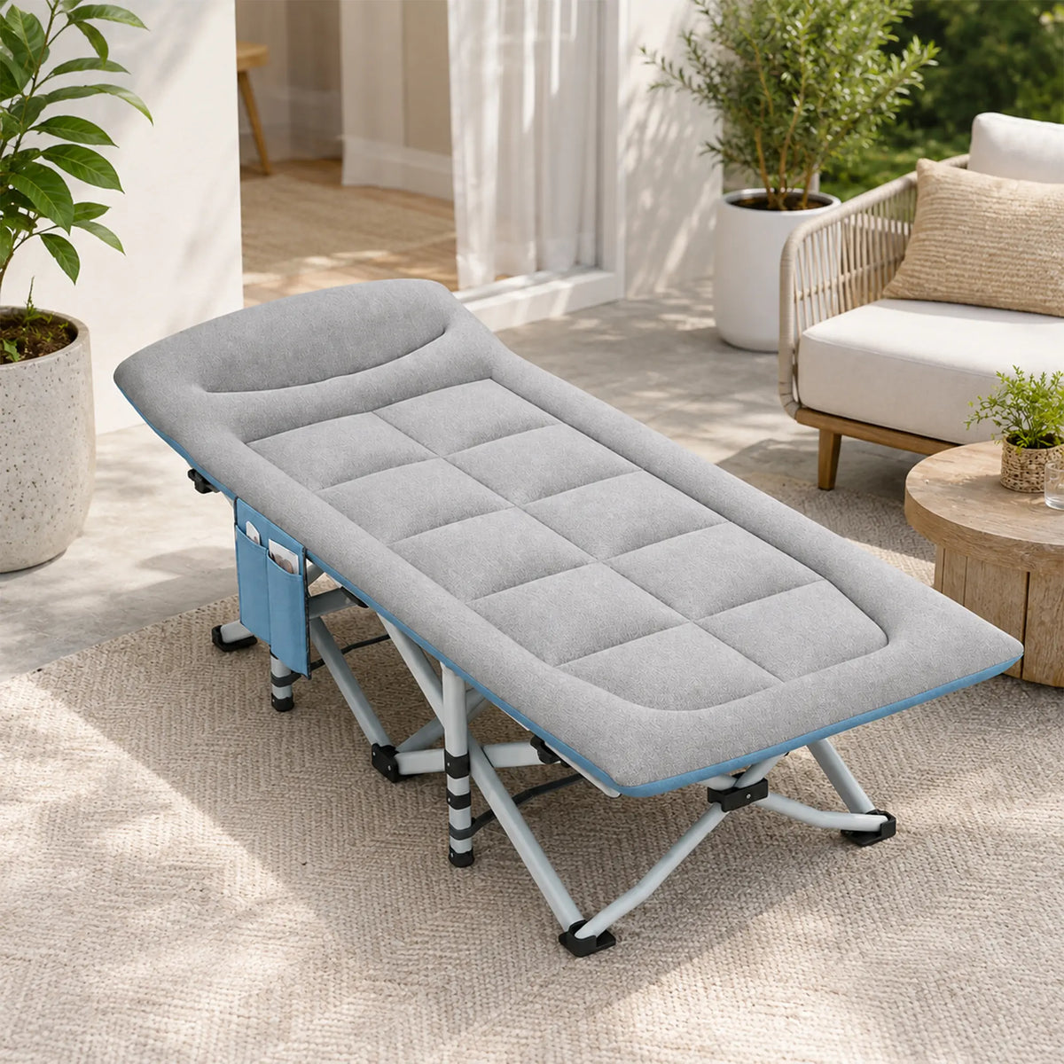 LIVARA Folding Single Bed - Soft Fabric Cover with Thick Steel Tube Frame & Built-in Headrest - Rollaway Bed for Home & Office - Grey