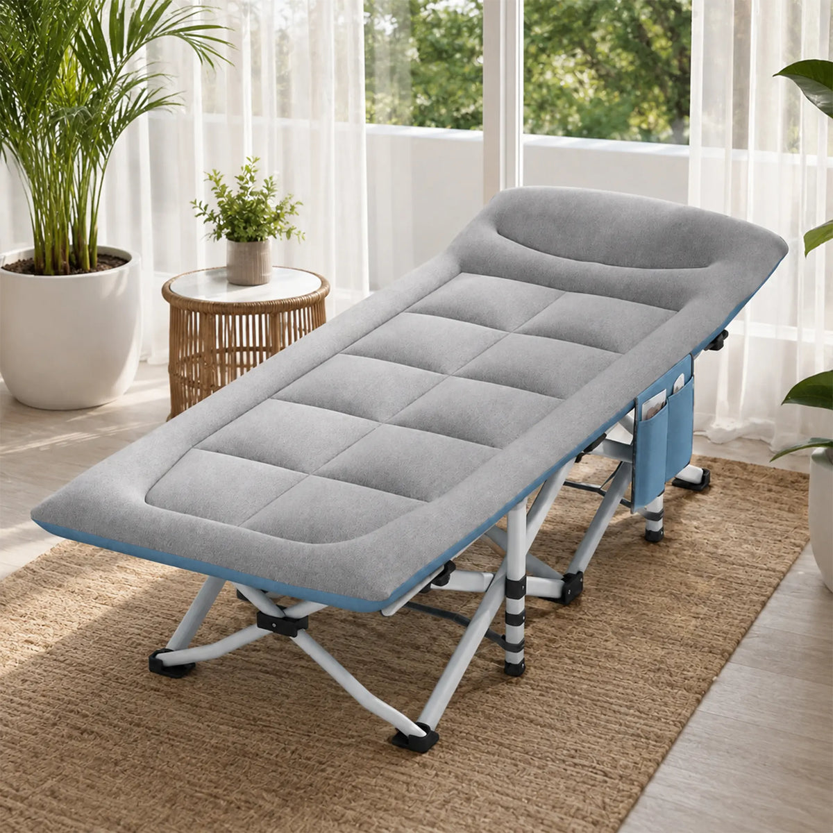 LIVARA Folding Single Bed - Soft Fabric Cover with Thick Steel Tube Frame & Built-in Headrest - Rollaway Bed for Home & Office - Grey