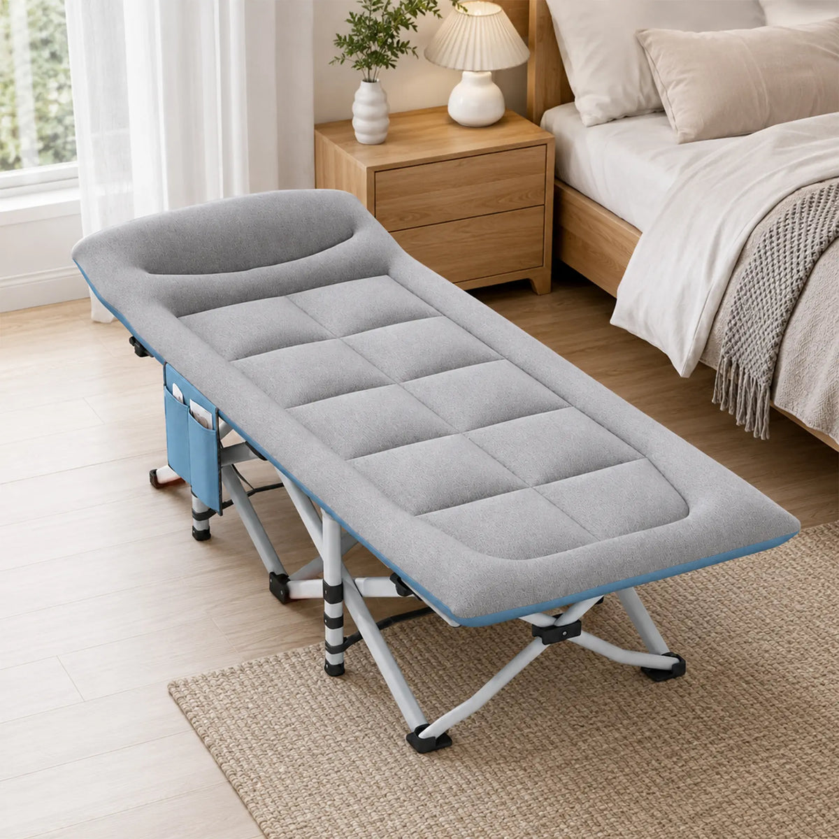 LIVARA Folding Single Bed - Soft Fabric Cover with Thick Steel Tube Frame & Built-in Headrest - Rollaway Bed for Home & Office - Grey