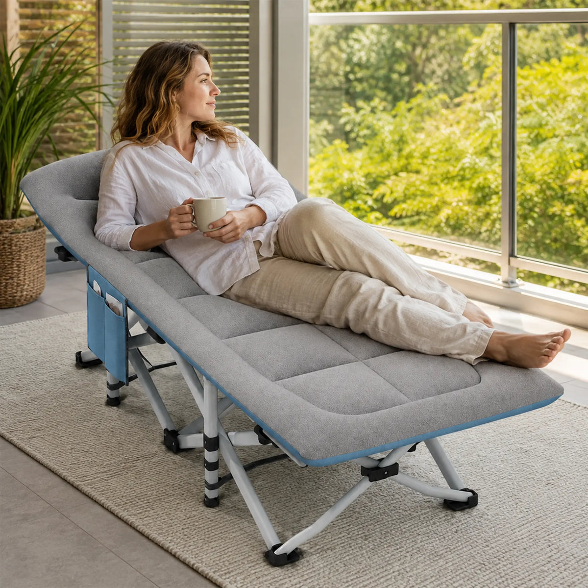 LIVARA Folding Single Bed - Soft Fabric Cover with Thick Steel Tube Frame & Built-in Headrest - Rollaway Bed for Home & Office - Grey