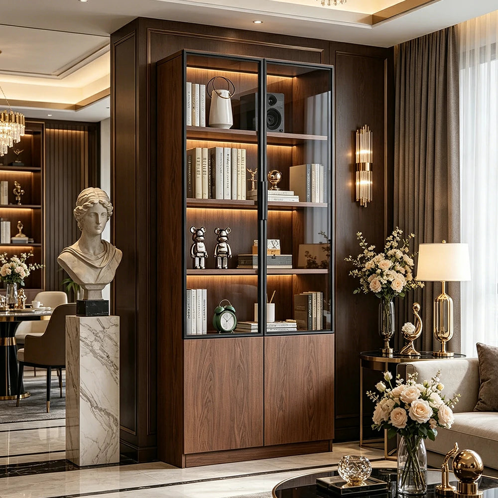 LIVARA 60/80cm Double Door Cabinet - Tempered Glass Storage with Dual Compartment Design for Living Room - Walnut
