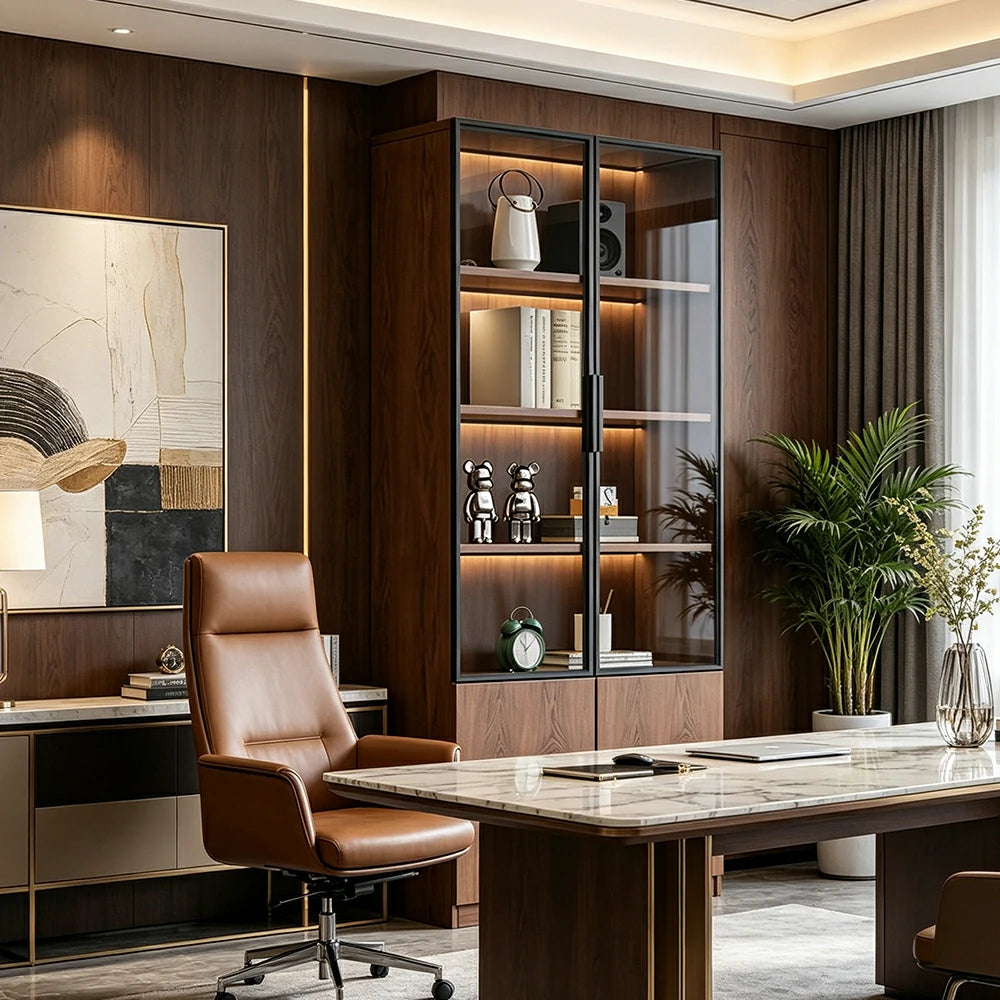 LIVARA 60/80cm Double Door Cabinet - Tempered Glass Storage with Dual Compartment Design for Living Room - Walnut