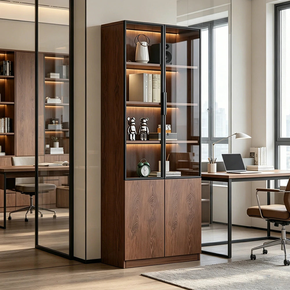 LIVARA 60/80cm Double Door Cabinet - Tempered Glass Storage with Dual Compartment Design for Living Room - Walnut