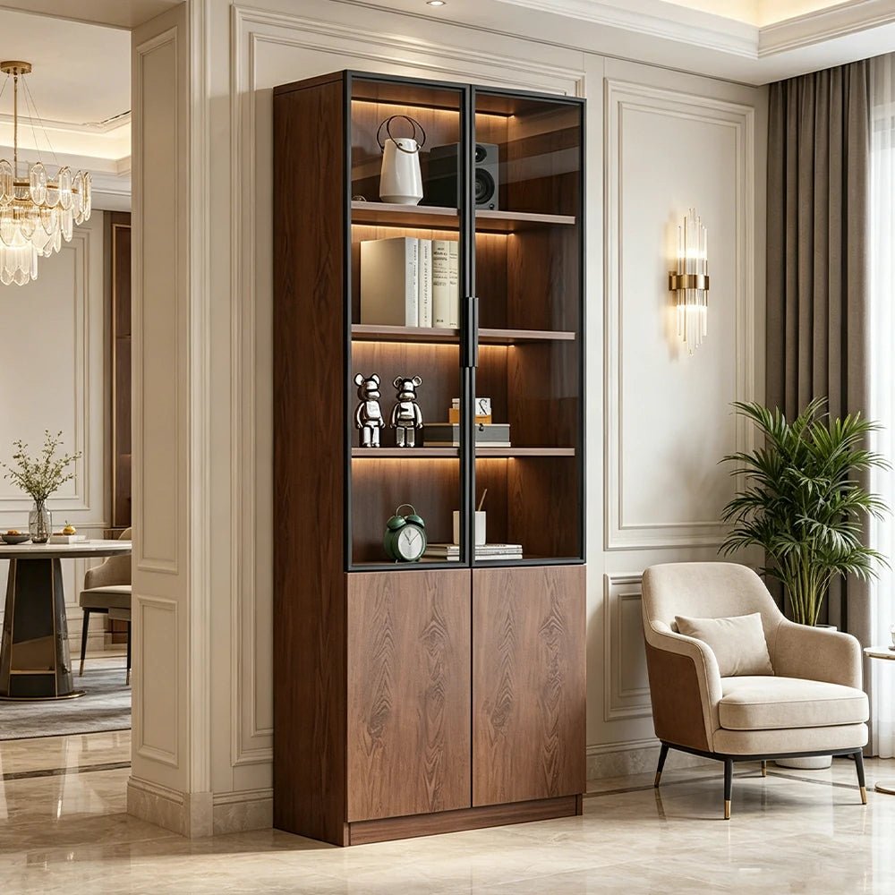 LIVARA 60/80cm Double Door Cabinet - Tempered Glass Storage with Dual Compartment Design for Living Room - Walnut