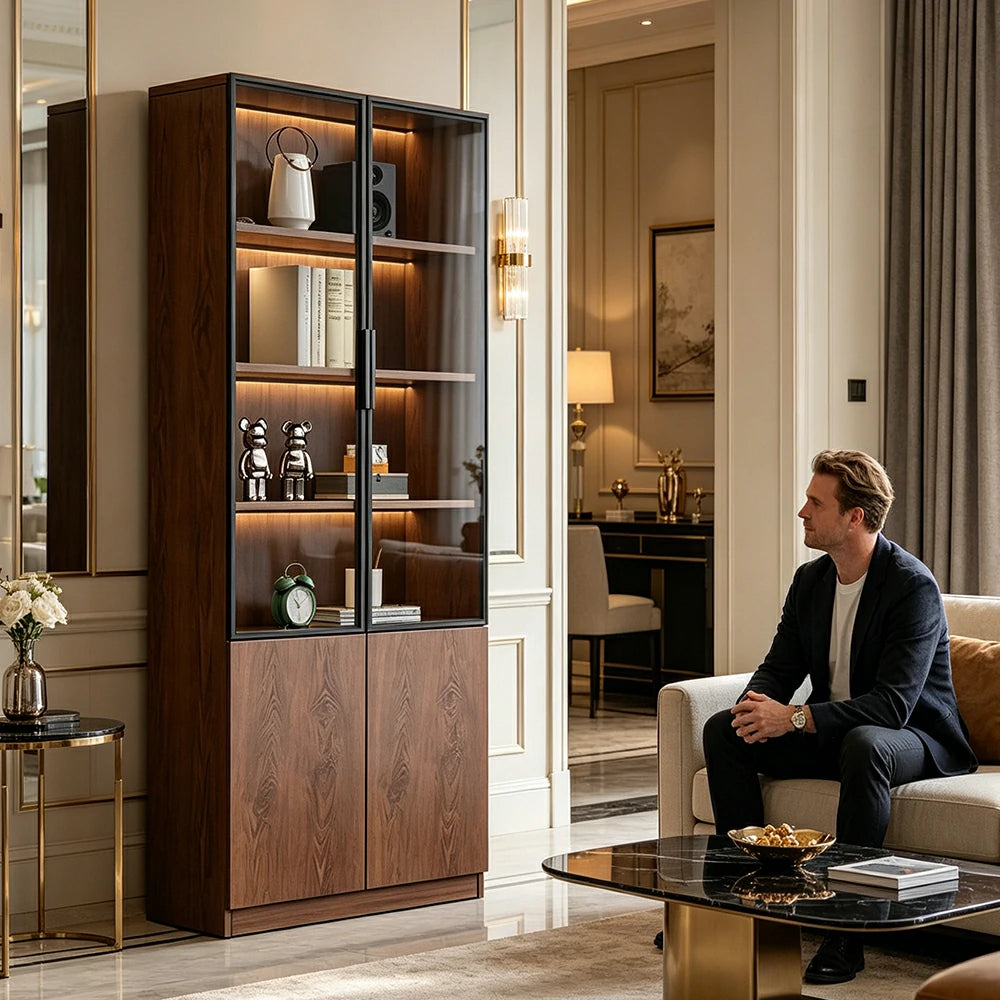 LIVARA 60/80cm Double Door Cabinet - Tempered Glass Storage with Dual Compartment Design for Living Room - Walnut