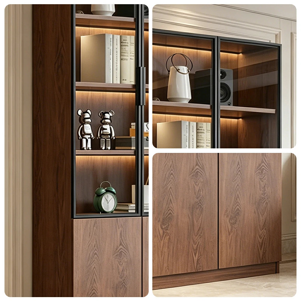 LIVARA 60/80cm Double Door Cabinet - Tempered Glass Storage with Dual Compartment Design for Living Room - Walnut