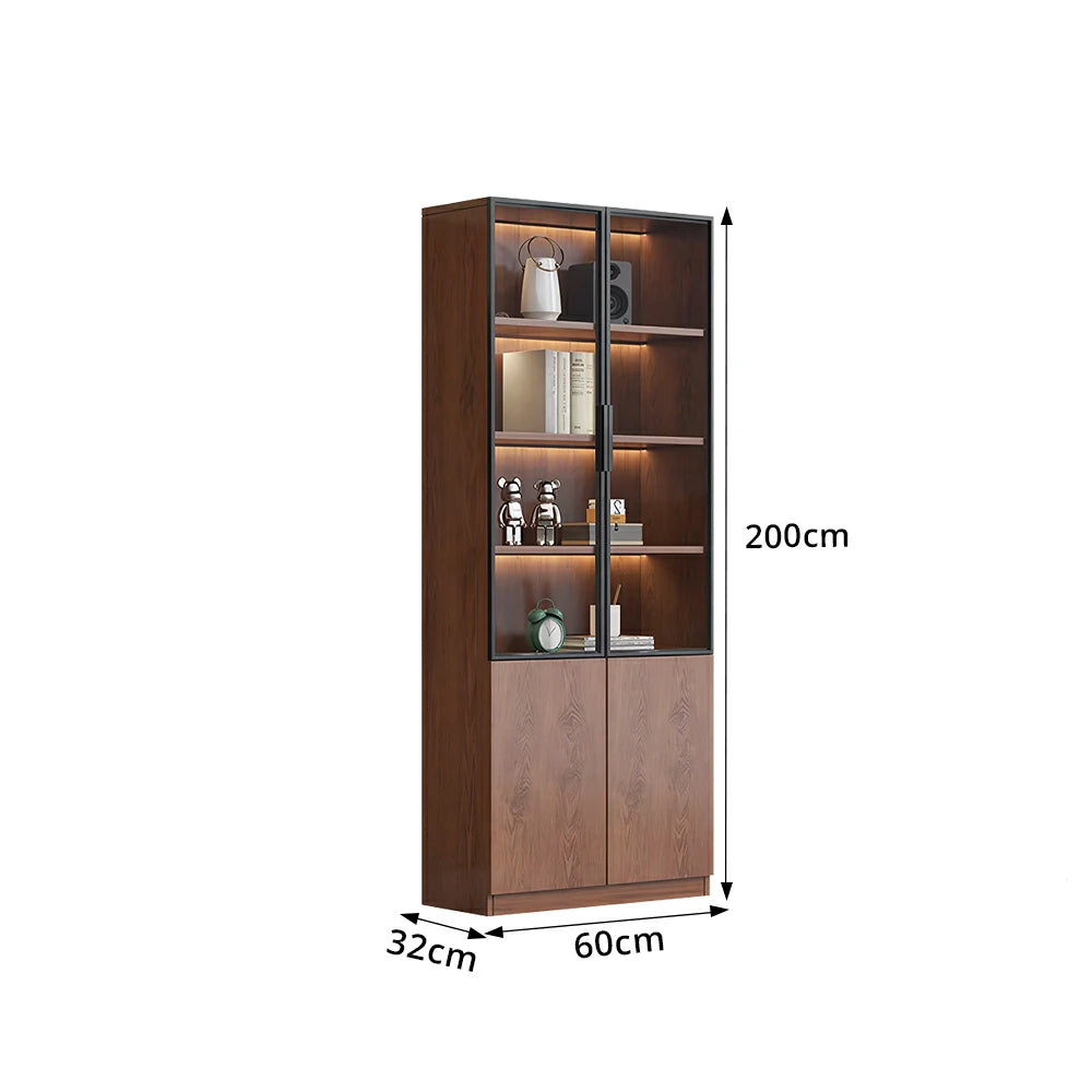 LIVARA 60/80cm Double Door Cabinet - Tempered Glass Storage with Dual Compartment Design for Living Room - Walnut