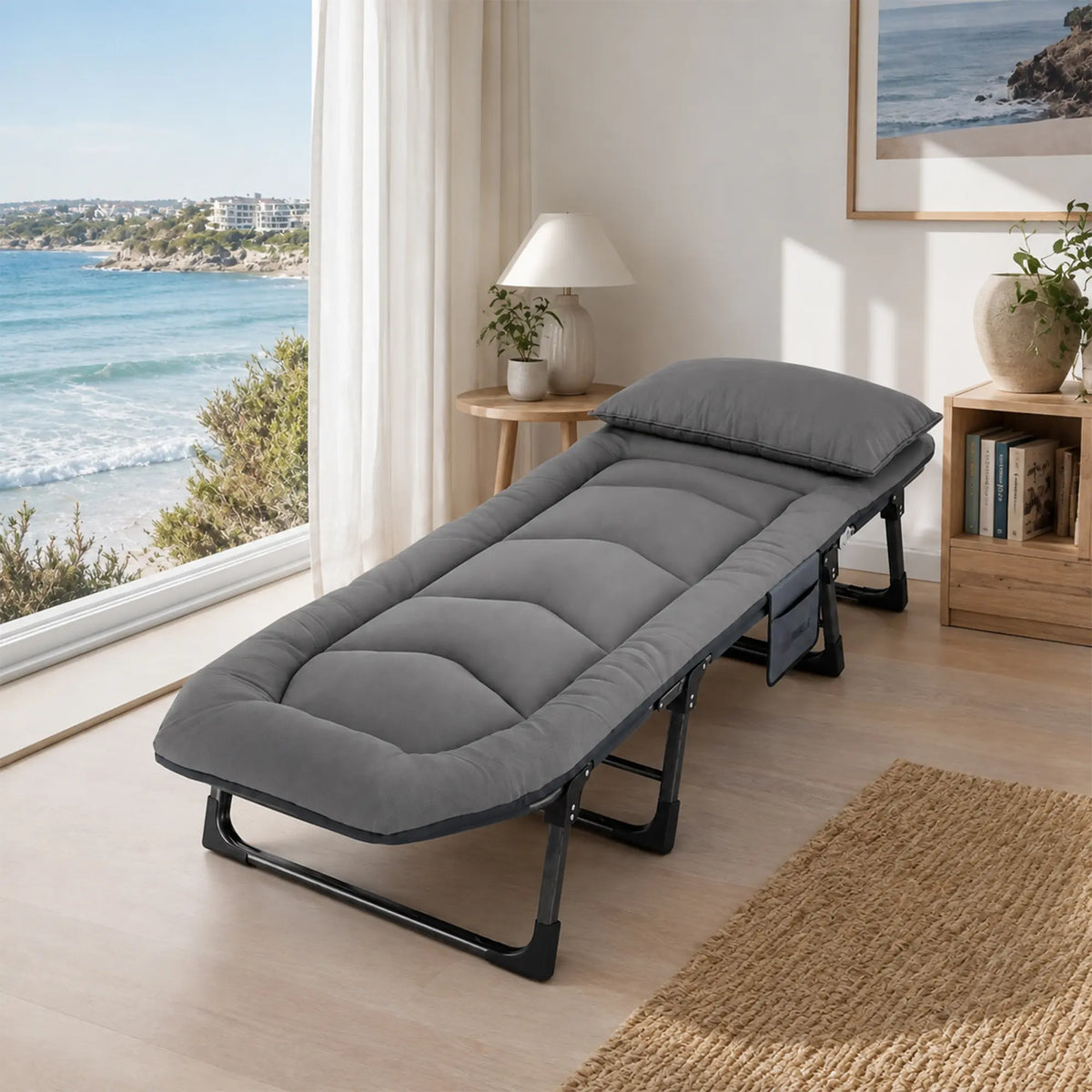 LIVARA Folding Single Bed - Thick Padded Mattress with Neck Support Pillow & 6-Position Adjustable Backrest - 180/190cm for Home & Office - Moon Grey