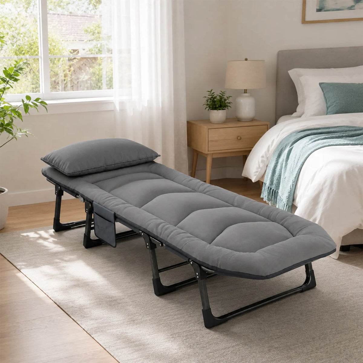 LIVARA Folding Single Bed - Thick Padded Mattress with Neck Support Pillow & 6-Position Adjustable Backrest - 180/190cm for Home & Office - Moon Grey