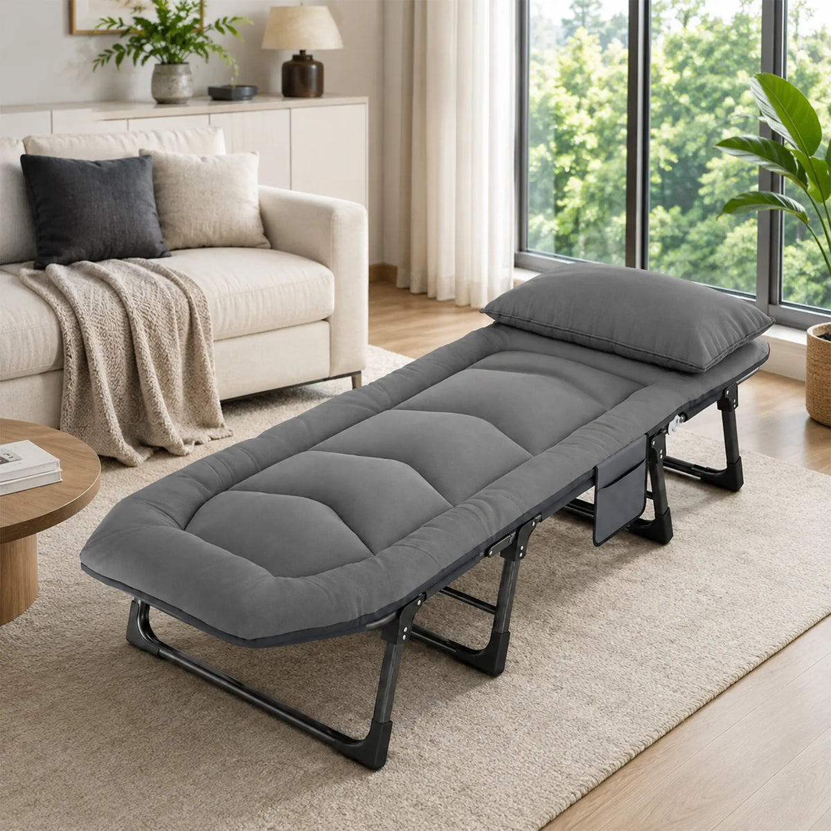 LIVARA Folding Single Bed - Thick Padded Mattress with Neck Support Pillow & 6-Position Adjustable Backrest - 180/190cm for Home & Office - Moon Grey