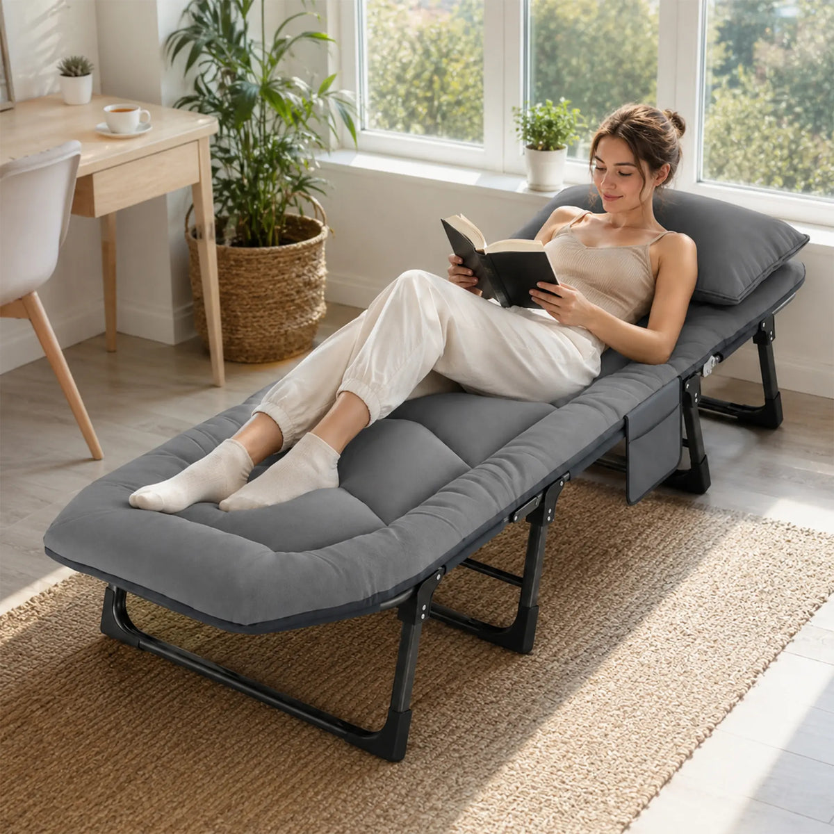 LIVARA Folding Single Bed - Thick Padded Mattress with Neck Support Pillow & 6-Position Adjustable Backrest - 180/190cm for Home & Office - Moon Grey