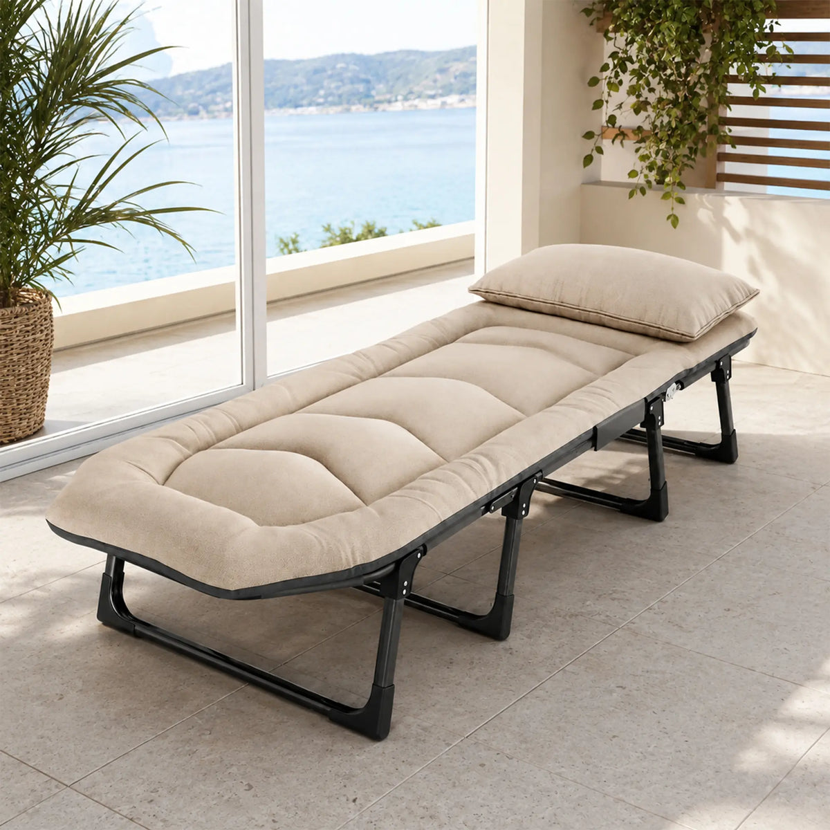 LIVARA Folding Single Bed - Thick Padded Mattress with Neck Support Pillow & 6-Position Adjustable Backrest - 180/190cm for Home & Office - White