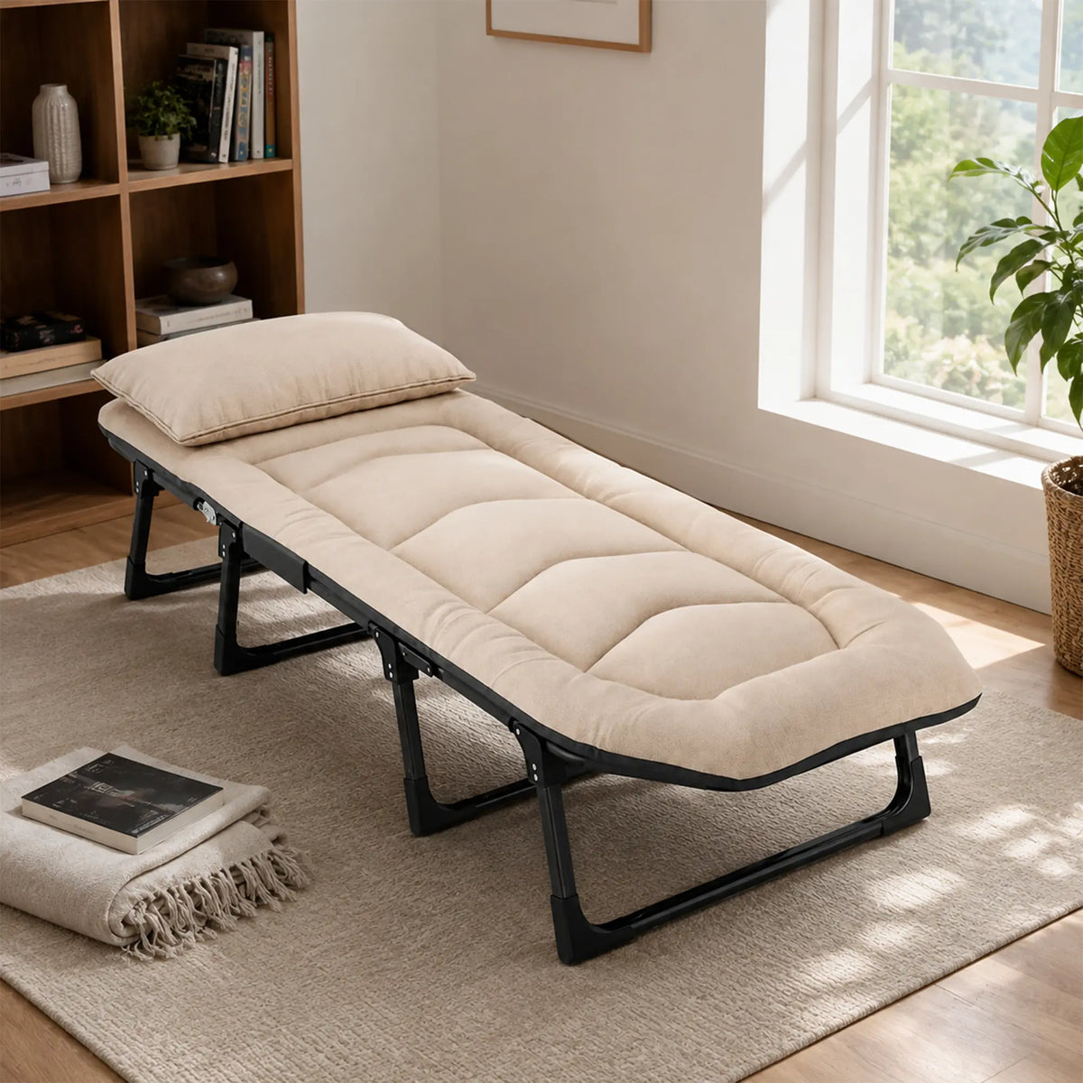 LIVARA Folding Single Bed - Thick Padded Mattress with Neck Support Pillow & 6-Position Adjustable Backrest - 180/190cm for Home & Office - White