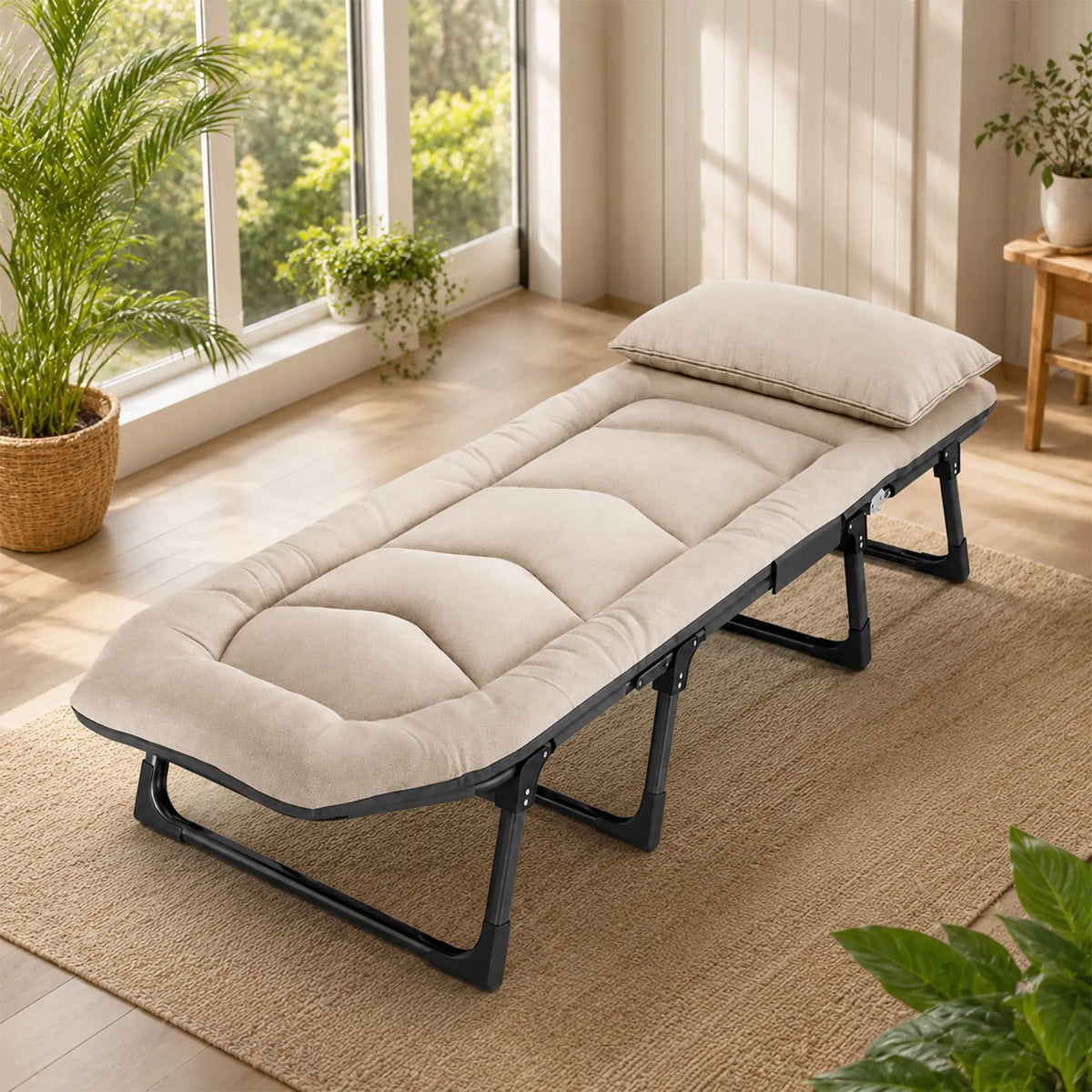 LIVARA Folding Single Bed - Thick Padded Mattress with Neck Support Pillow & 6-Position Adjustable Backrest - 180/190cm for Home & Office - White