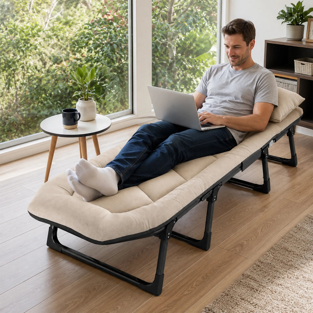 LIVARA Folding Single Bed - Thick Padded Mattress with Neck Support Pillow & 6-Position Adjustable Backrest - 180/190cm for Home & Office - White