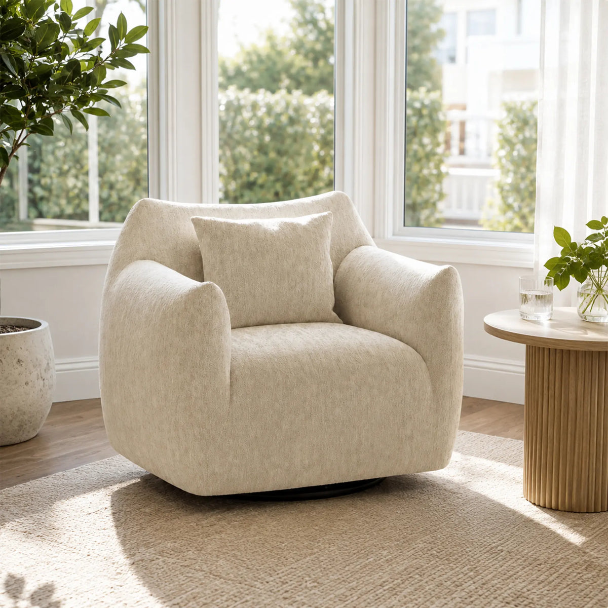 LIVARA 360-Degree Swivel Accent Chair - Soft Chenille Linen Upholstery with Cushion - 85cm Modern Lounge Armchair for Living Room & Bedroom - Mist White
