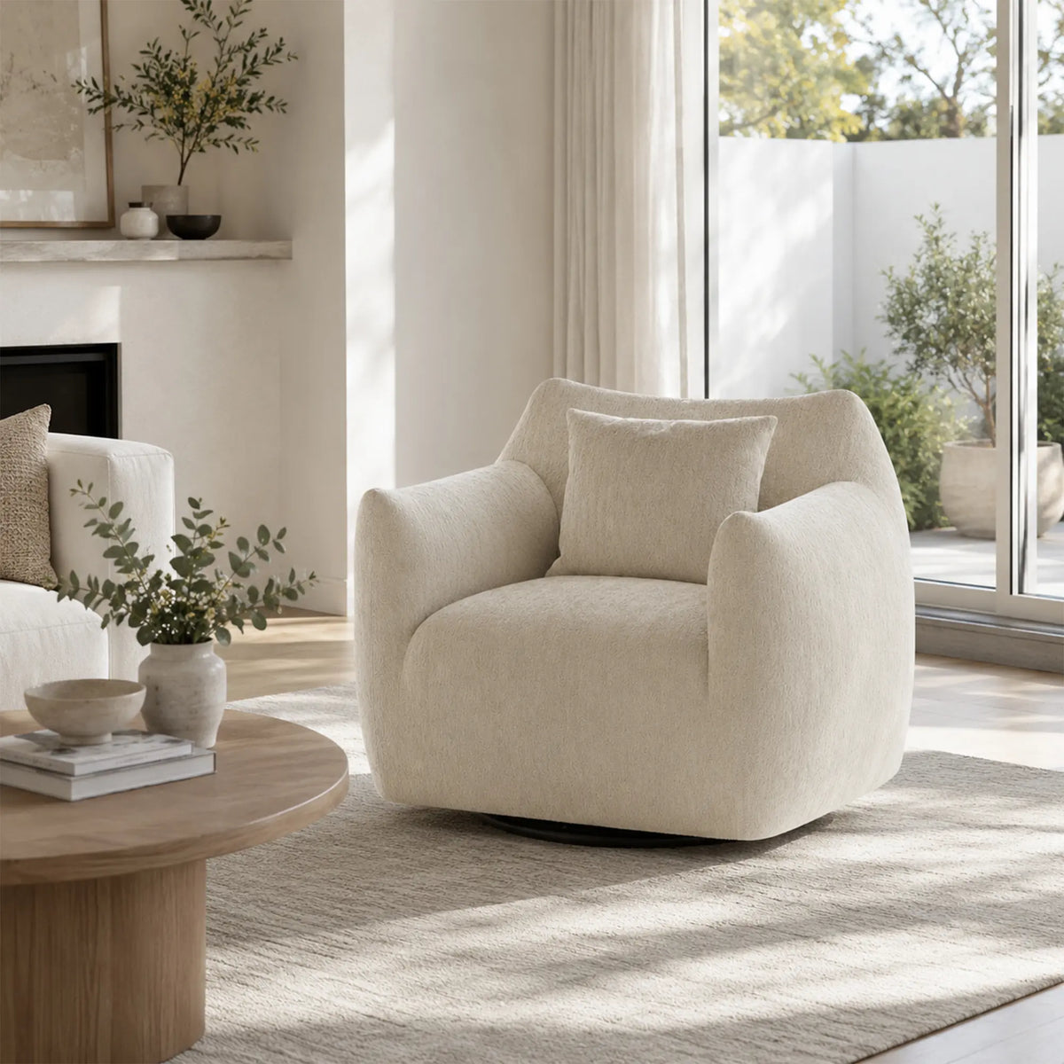 LIVARA 360-Degree Swivel Accent Chair - Soft Chenille Linen Upholstery with Cushion - 85cm Modern Lounge Armchair for Living Room & Bedroom - Mist White