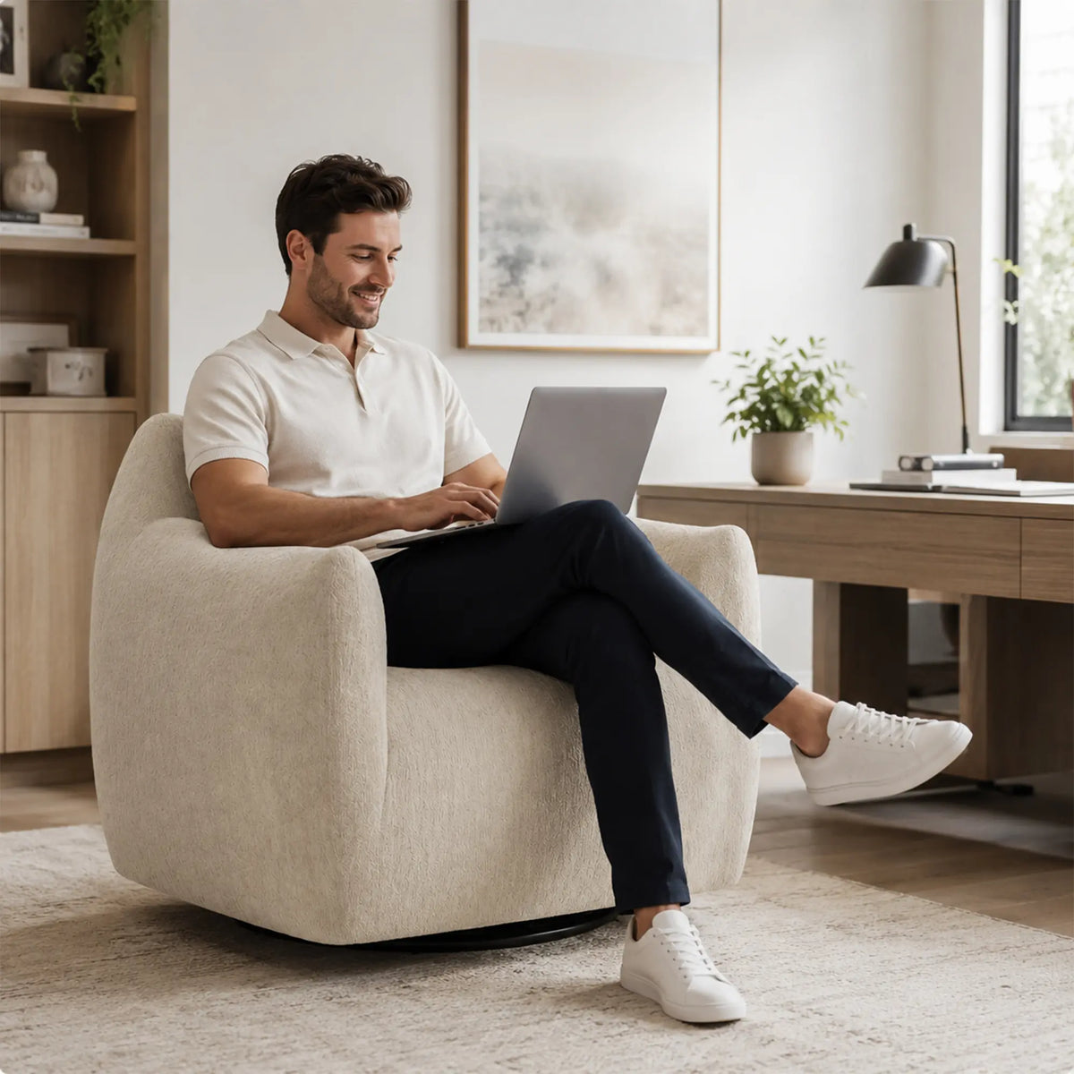 LIVARA 360-Degree Swivel Accent Chair - Soft Chenille Linen Upholstery with Cushion - 85cm Modern Lounge Armchair for Living Room & Bedroom - Mist White