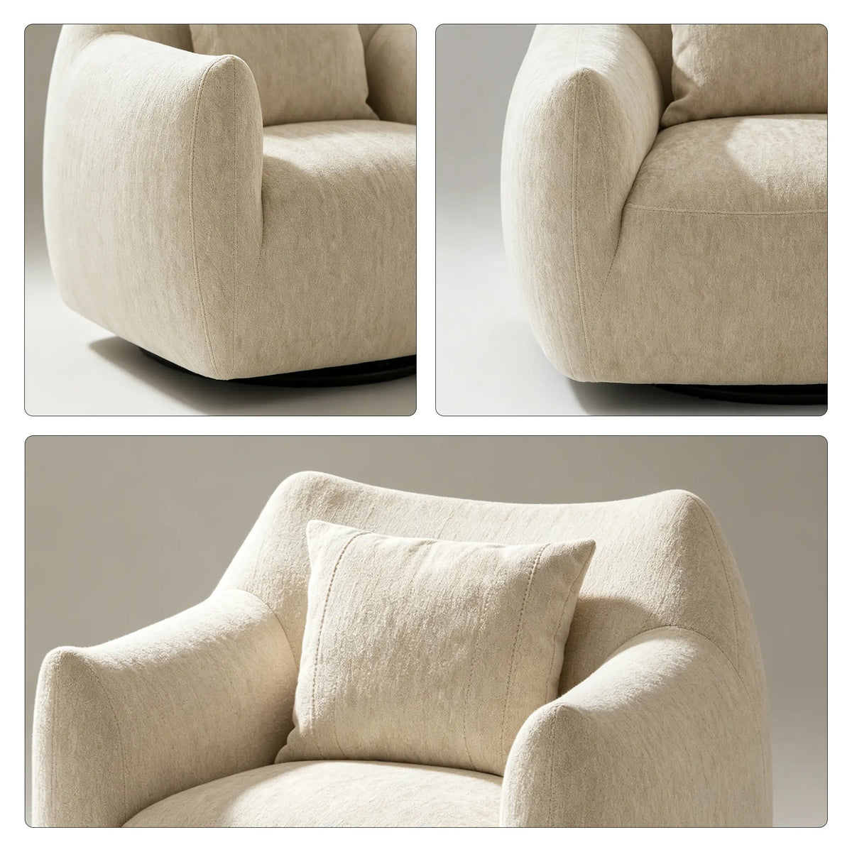 LIVARA 360-Degree Swivel Accent Chair - Soft Chenille Linen Upholstery with Cushion - 85cm Modern Lounge Armchair for Living Room & Bedroom - Mist White