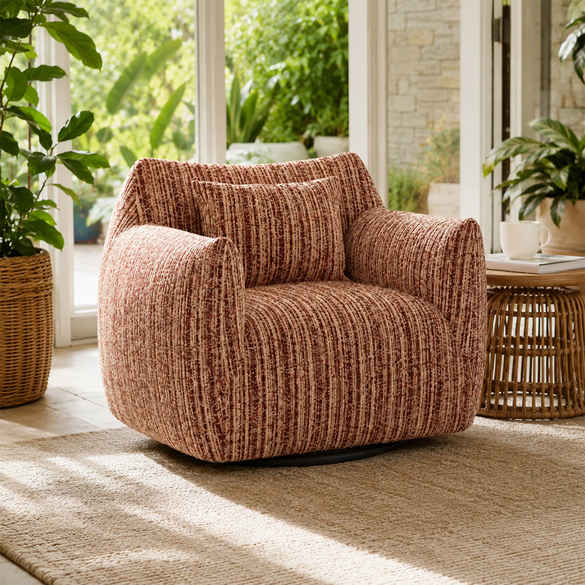 LIVARA 360-Degree Swivel Accent Chair - Soft Chenille Linen Upholstery with Cushion - 85cm Modern Lounge Armchair for Living Room & Bedroom - Red
