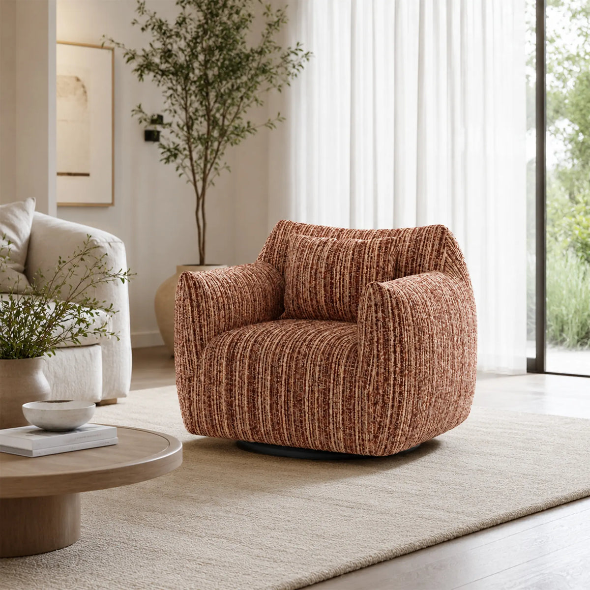 LIVARA 360-Degree Swivel Accent Chair - Soft Chenille Linen Upholstery with Cushion - 85cm Modern Lounge Armchair for Living Room & Bedroom - Red