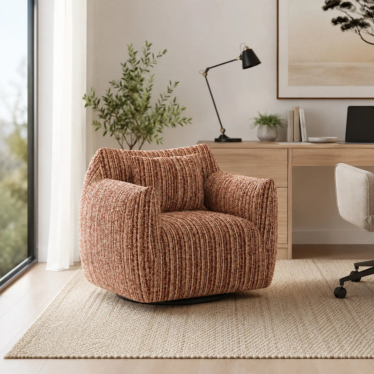 LIVARA 360-Degree Swivel Accent Chair - Soft Chenille Linen Upholstery with Cushion - 85cm Modern Lounge Armchair for Living Room & Bedroom - Red