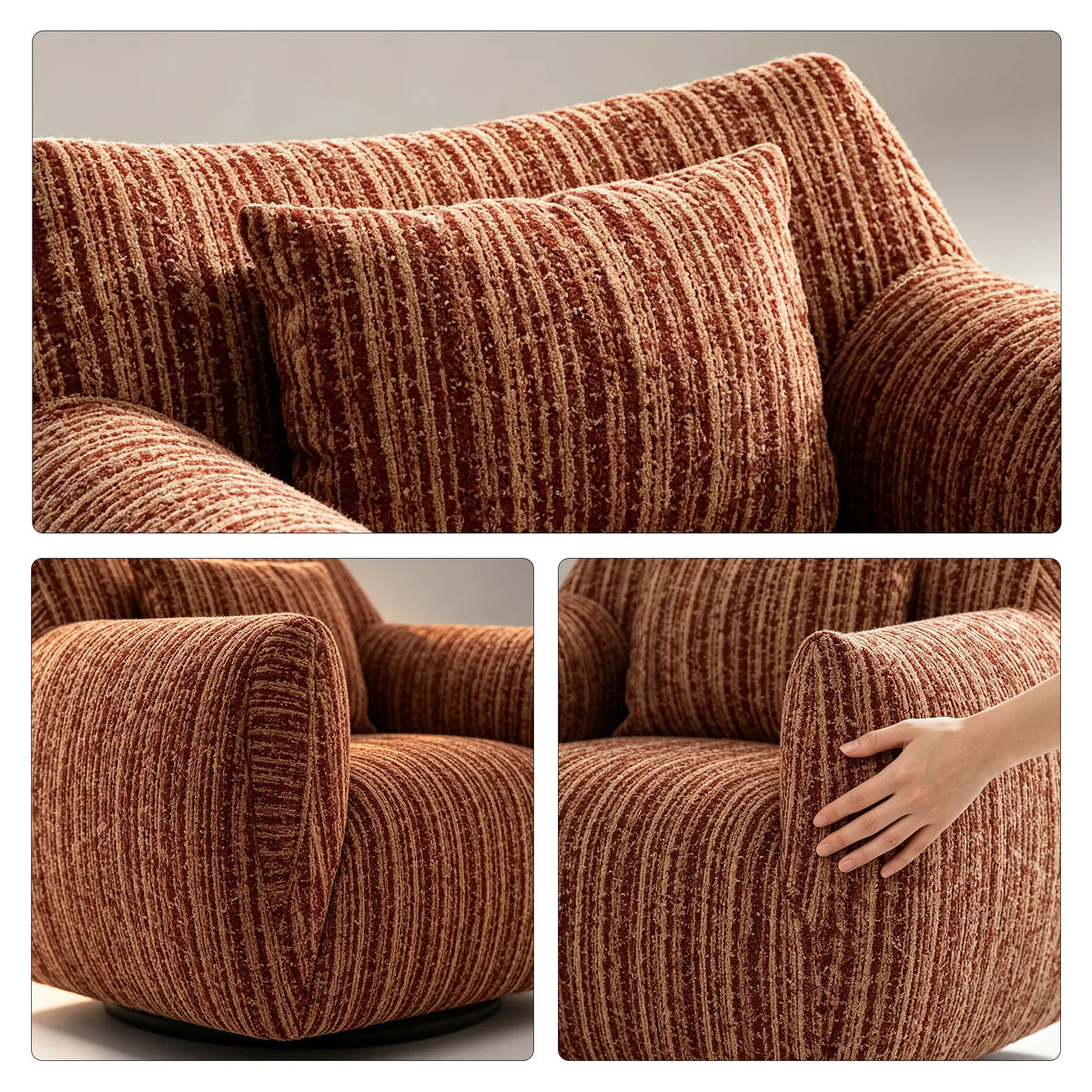LIVARA 360-Degree Swivel Accent Chair - Soft Chenille Linen Upholstery with Cushion - 85cm Modern Lounge Armchair for Living Room & Bedroom - Red
