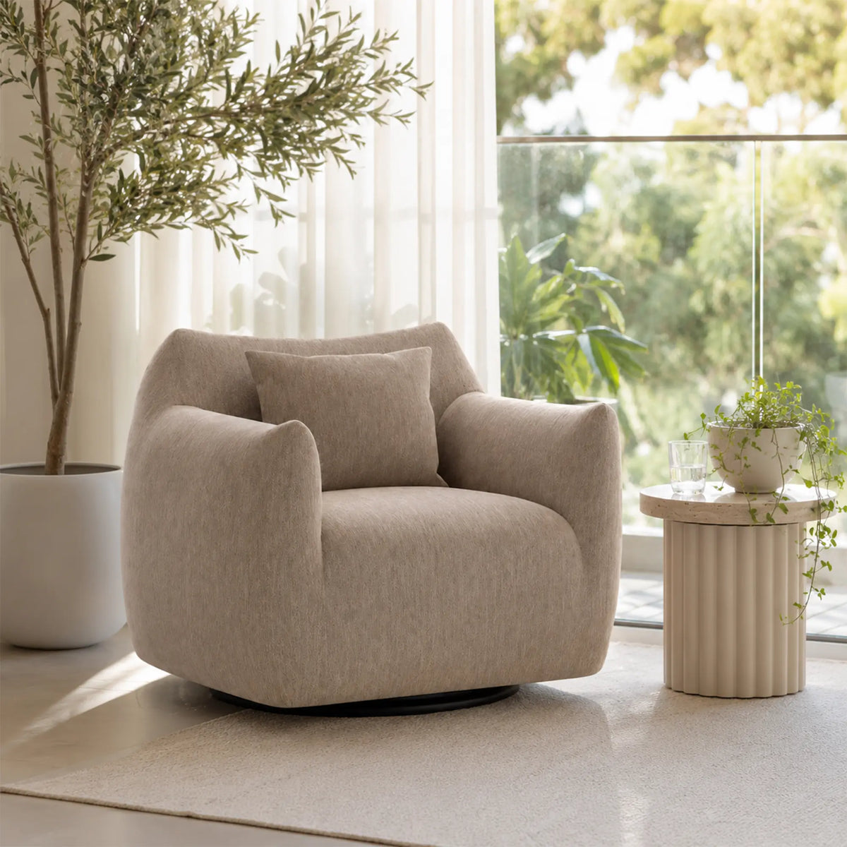 LIVARA 360-Degree Swivel Accent Chair - Soft Chenille Linen Upholstery with Cushion - 85cm Modern Lounge Armchair for Living Room & Bedroom - Coffee