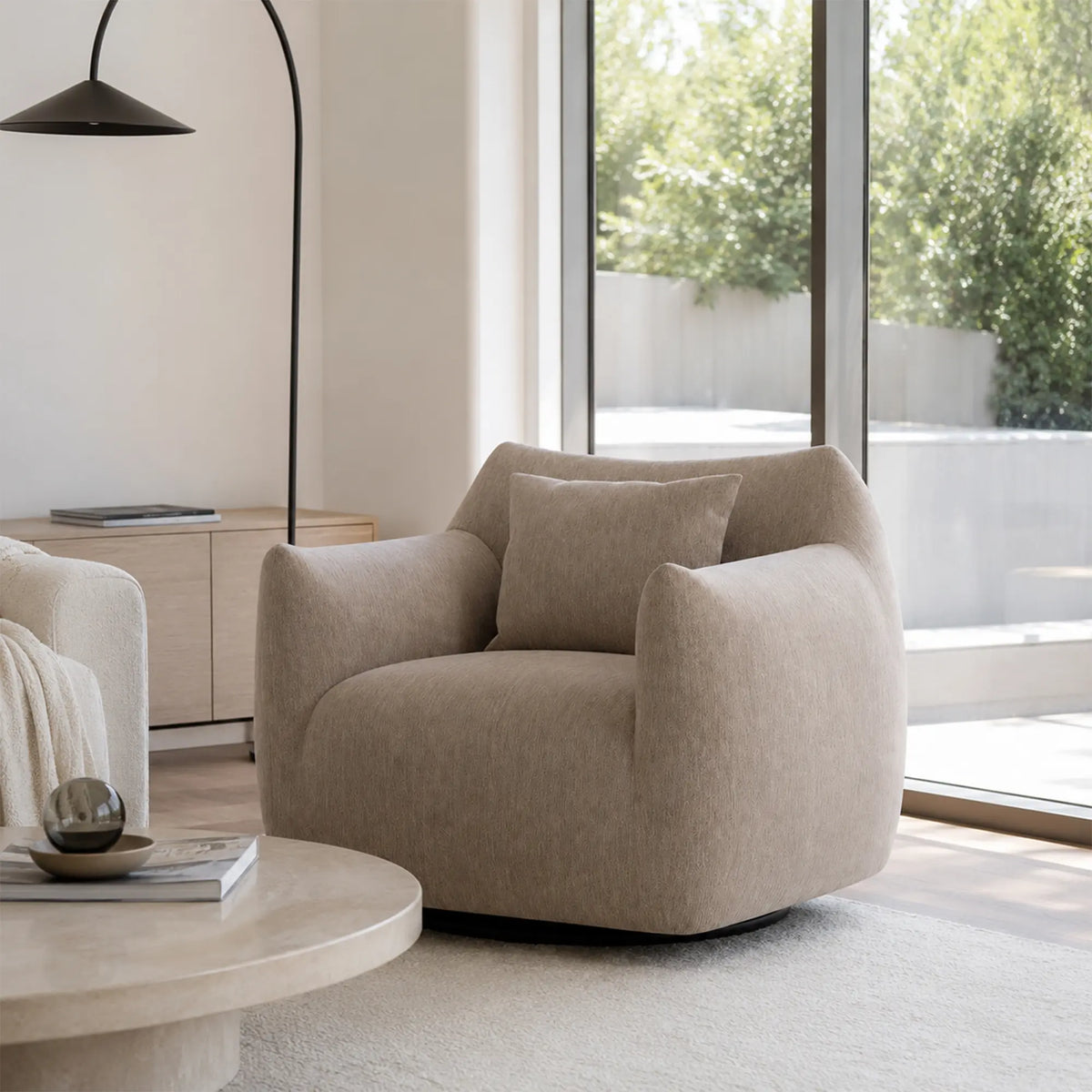 LIVARA 360-Degree Swivel Accent Chair - Soft Chenille Linen Upholstery with Cushion - 85cm Modern Lounge Armchair for Living Room & Bedroom - Coffee