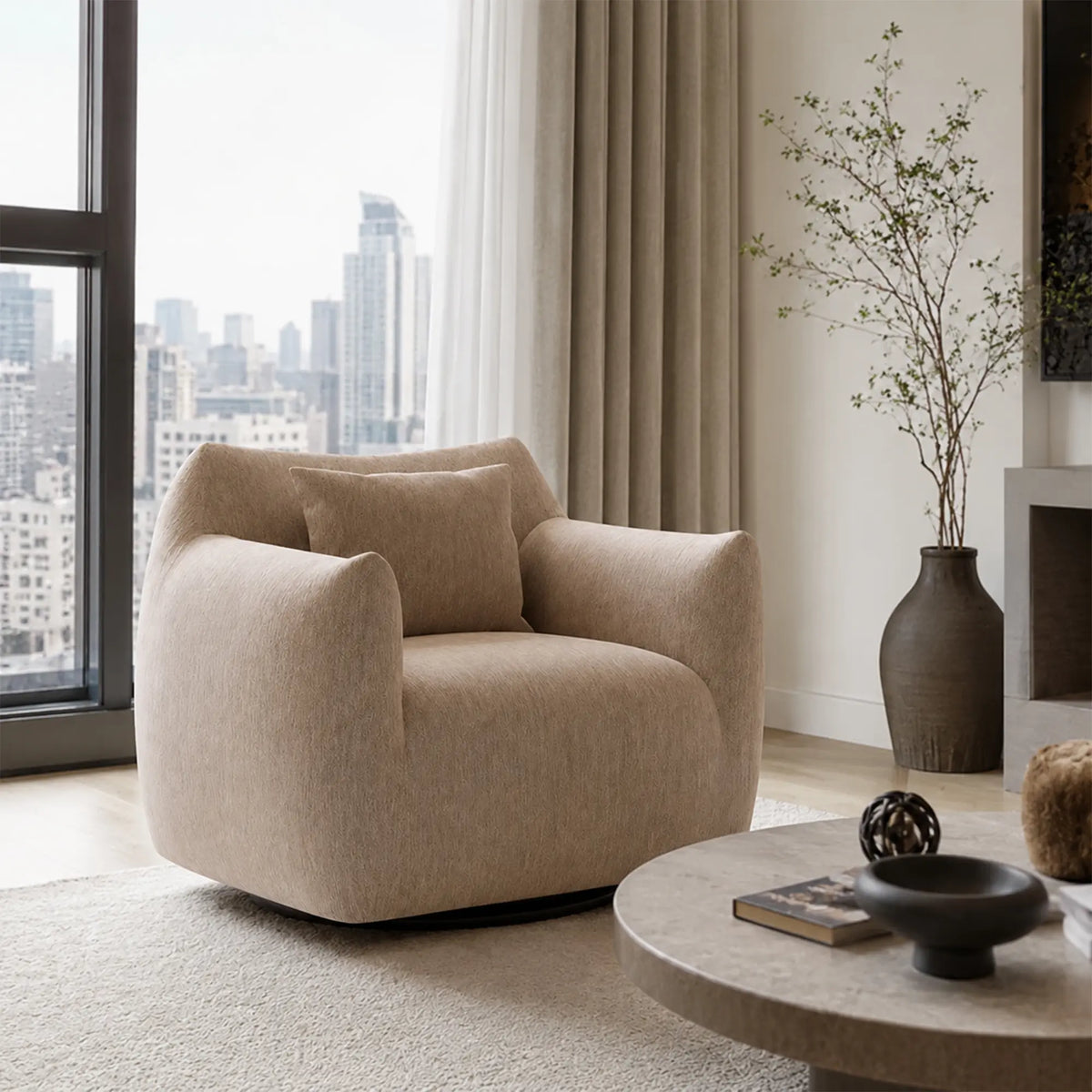 LIVARA 360-Degree Swivel Accent Chair - Soft Chenille Linen Upholstery with Cushion - 85cm Modern Lounge Armchair for Living Room & Bedroom - Coffee