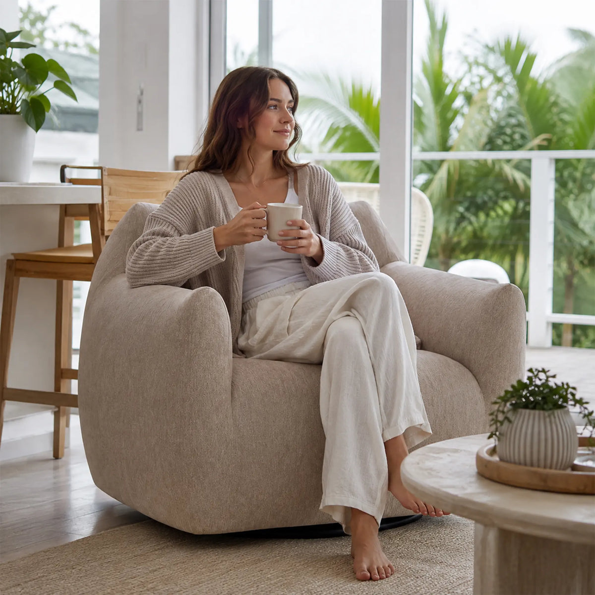 LIVARA 360-Degree Swivel Accent Chair - Soft Chenille Linen Upholstery with Cushion - 85cm Modern Lounge Armchair for Living Room & Bedroom - Coffee
