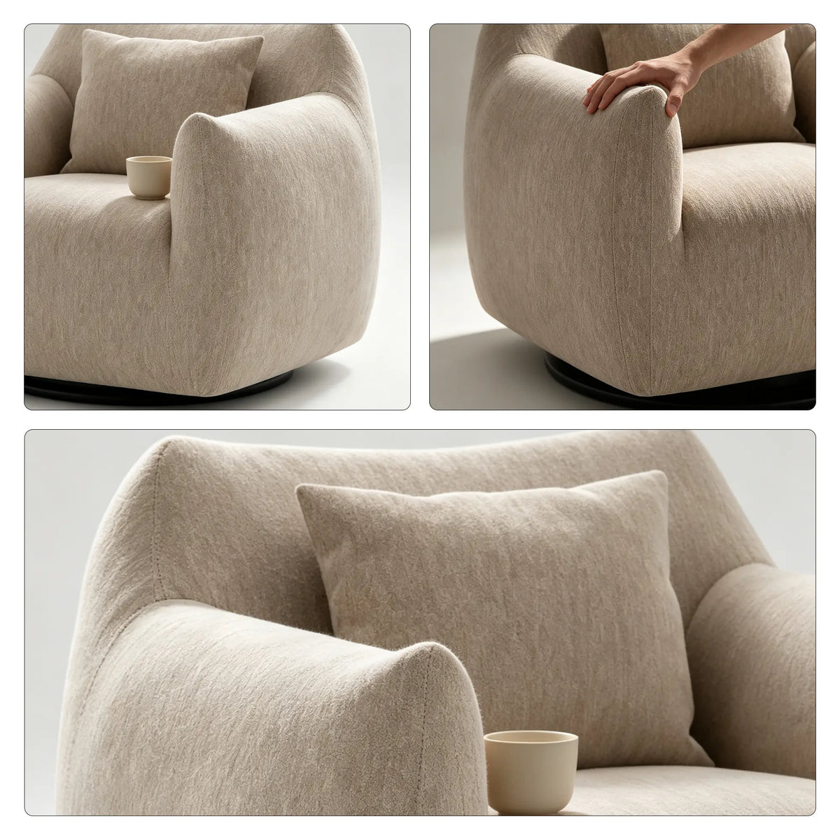 LIVARA 360-Degree Swivel Accent Chair - Soft Chenille Linen Upholstery with Cushion - 85cm Modern Lounge Armchair for Living Room & Bedroom - Coffee