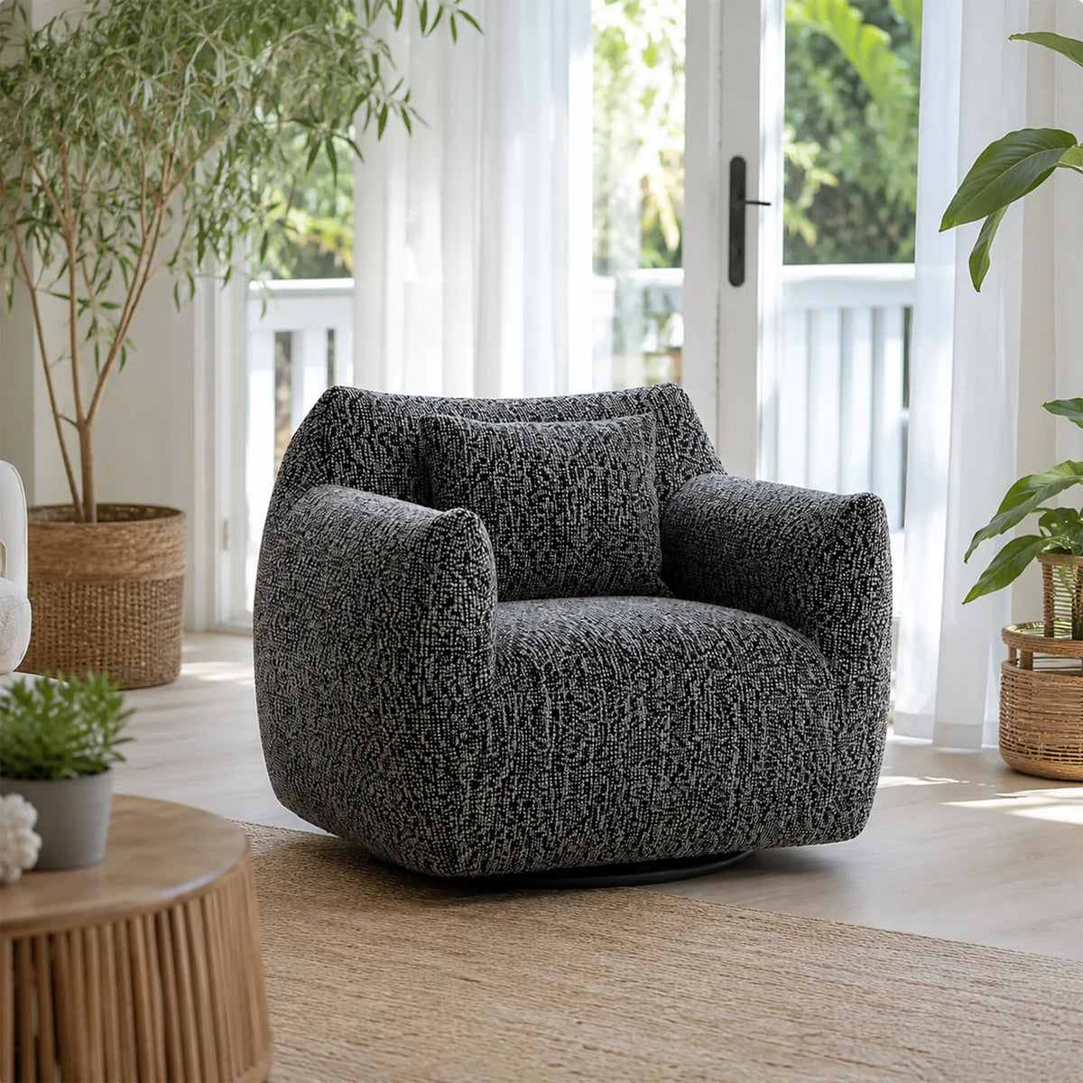 LIVARA 360-Degree Swivel Accent Chair - Soft Chenille Linen Upholstery with Cushion - 85cm Modern Lounge Armchair for Living Room & Bedroom - Black