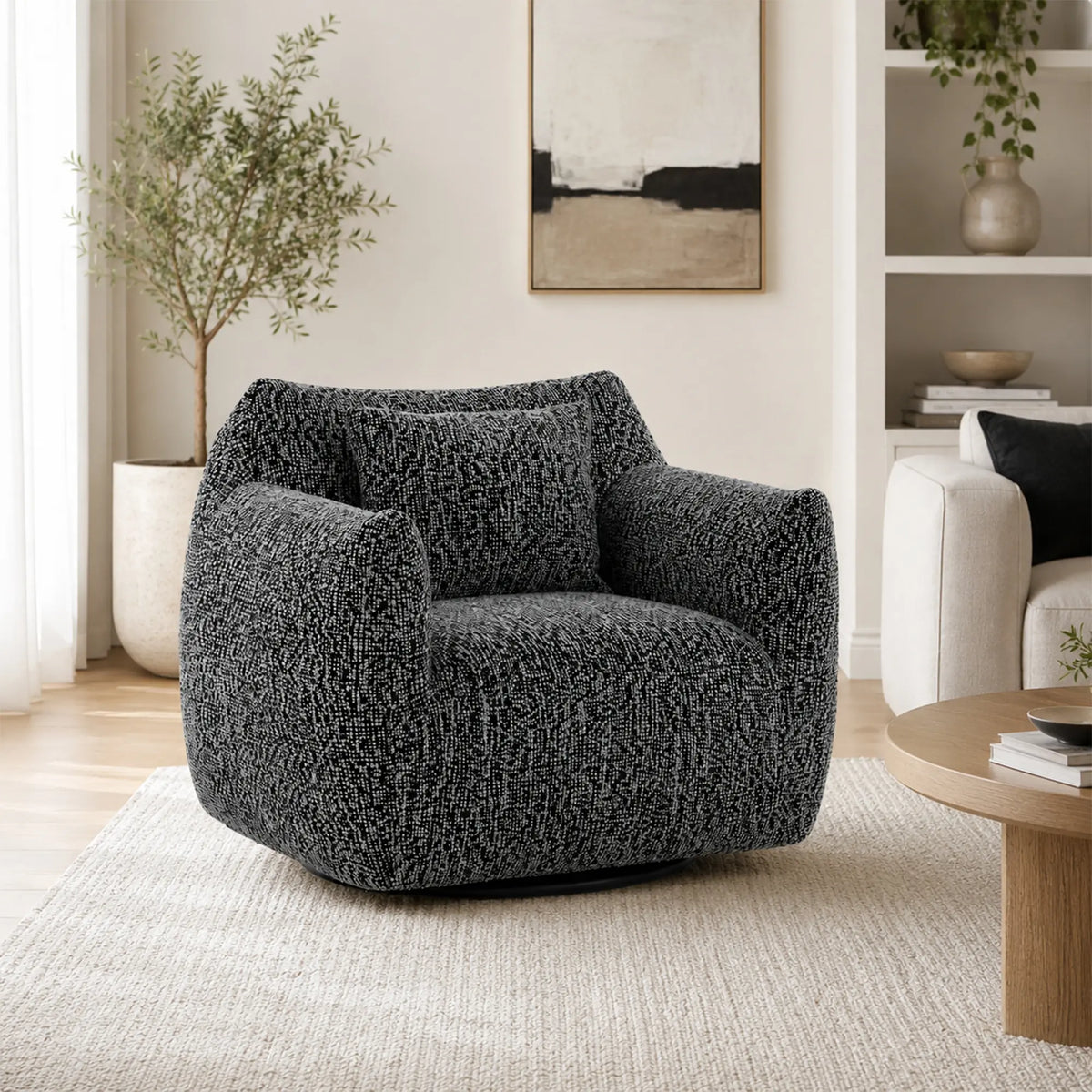 LIVARA 360-Degree Swivel Accent Chair - Soft Chenille Linen Upholstery with Cushion - 85cm Modern Lounge Armchair for Living Room & Bedroom - Black