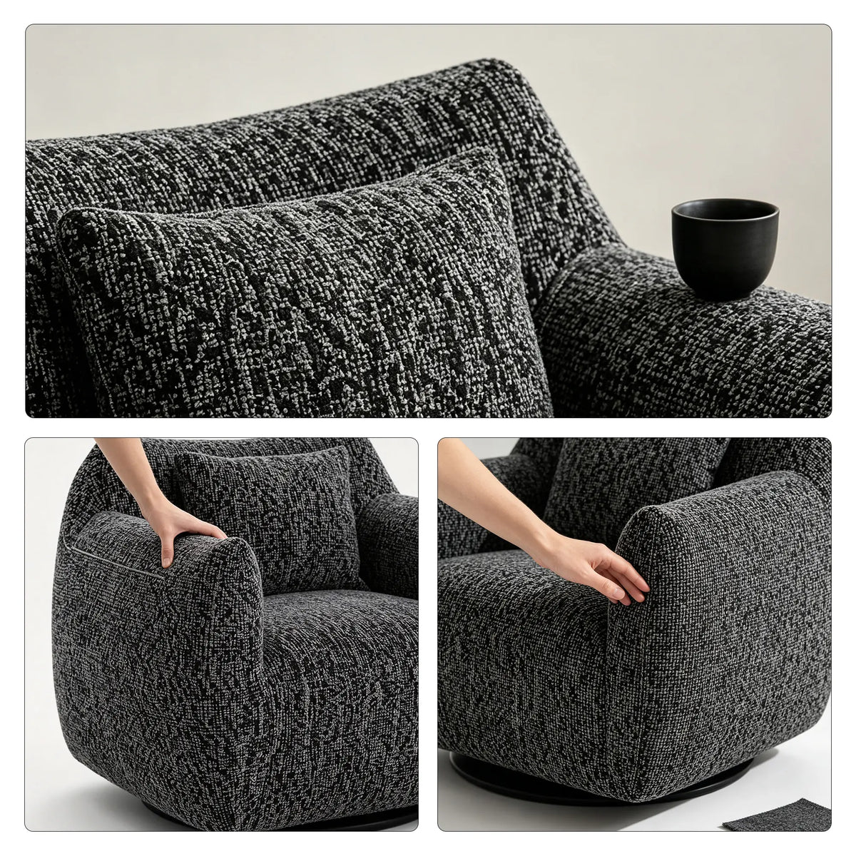 LIVARA 360-Degree Swivel Accent Chair - Soft Chenille Linen Upholstery with Cushion - 85cm Modern Lounge Armchair for Living Room & Bedroom - Black
