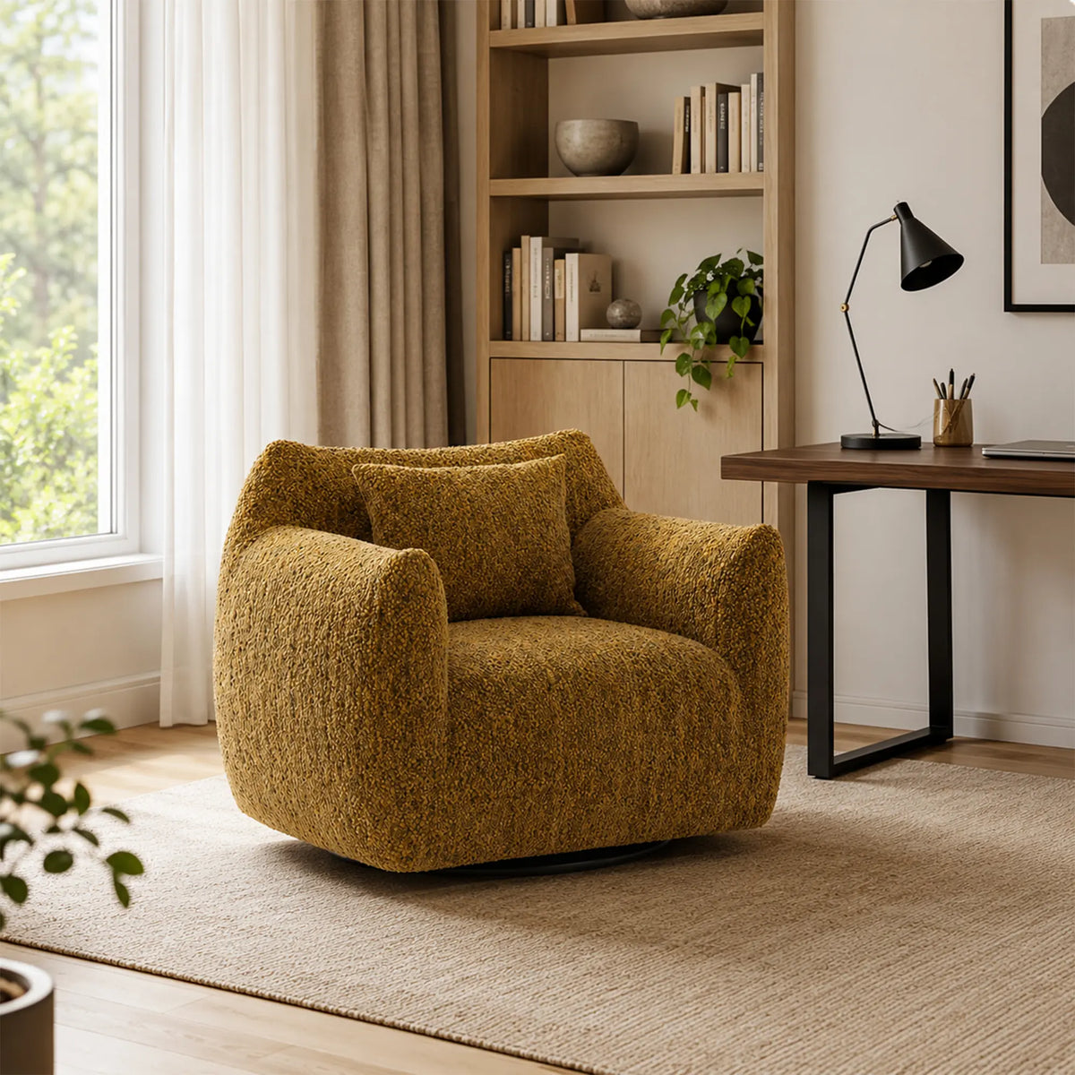LIVARA 360-Degree Swivel Accent Chair - Soft Chenille Linen Upholstery with Cushion - 85cm Modern Lounge Armchair for Living Room & Bedroom - Yellow