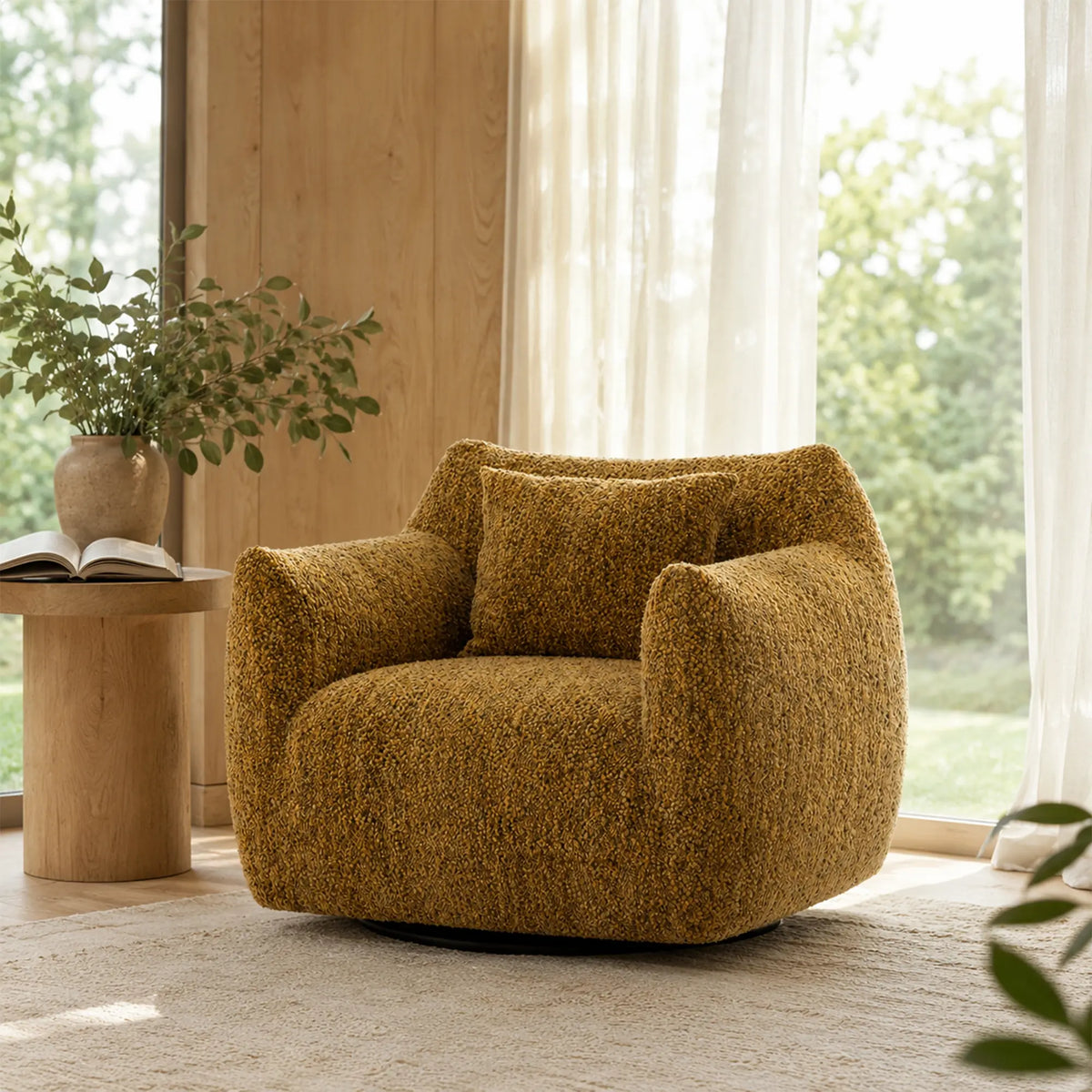 LIVARA 360-Degree Swivel Accent Chair - Soft Chenille Linen Upholstery with Cushion - 85cm Modern Lounge Armchair for Living Room & Bedroom - Yellow