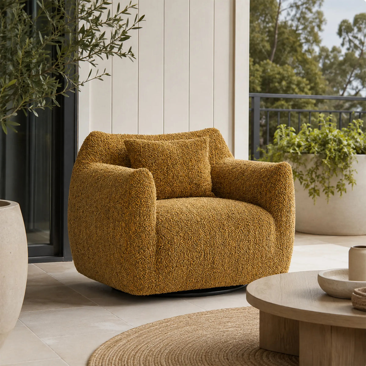LIVARA 360-Degree Swivel Accent Chair - Soft Chenille Linen Upholstery with Cushion - 85cm Modern Lounge Armchair for Living Room & Bedroom - Yellow