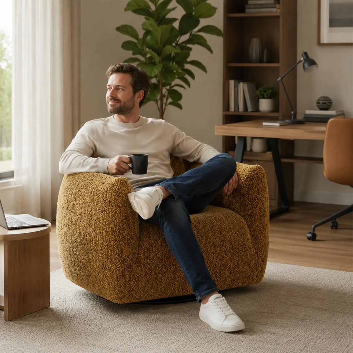 LIVARA 360-Degree Swivel Accent Chair - Soft Chenille Linen Upholstery with Cushion - 85cm Modern Lounge Armchair for Living Room & Bedroom - Yellow