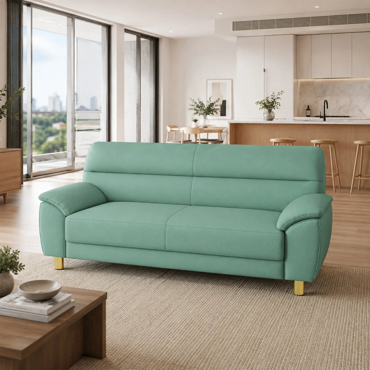 LIVARA Modern 3 Seater Sofa with Nano Technology Fabric, High Resilience Foam Cushions & Solid Wood Frame, 180cm Lounge Couch for Living Room - Sky Blue